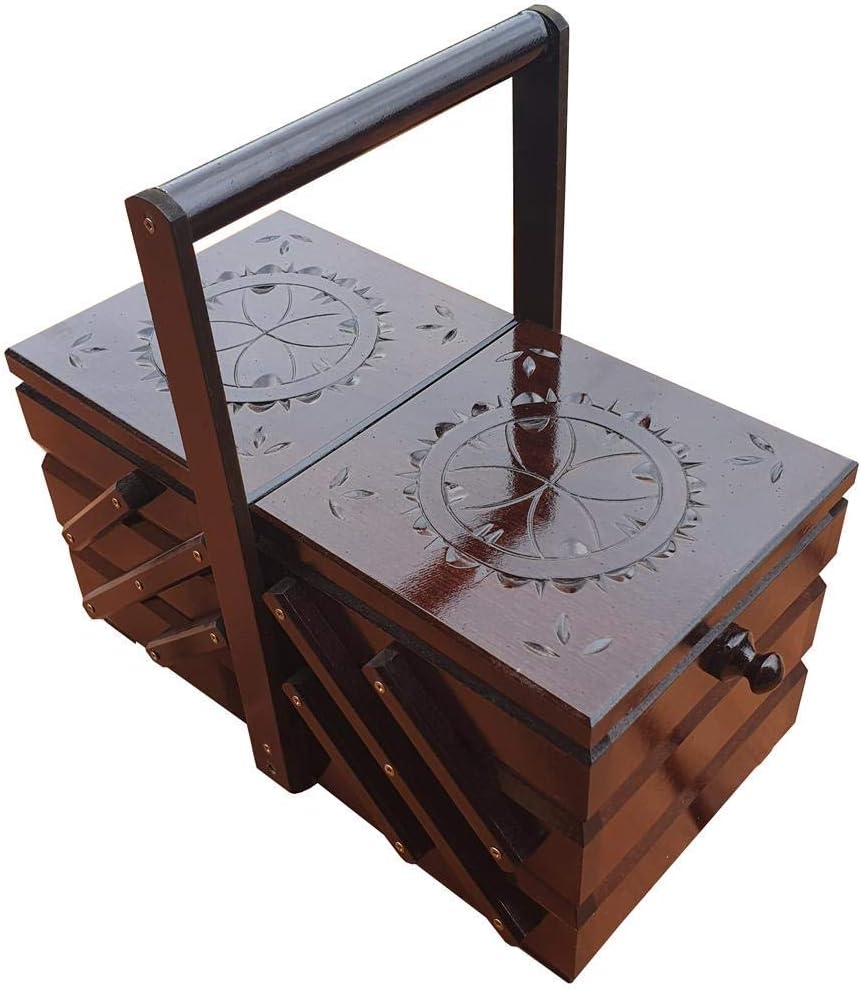 Large Vintage Style Wooden Sewing Thread Box With Handle in Dark Brown