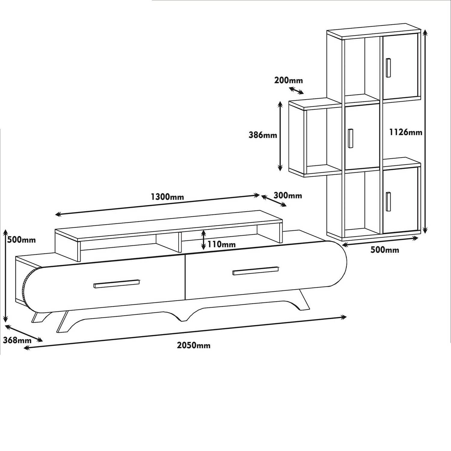 Dmora - Parete attrezzata Zephyria, Composizione soggiorno, Mobile salotto multiuso, Armadio porta TV, 205x37h50 cm, Noce e Bianco