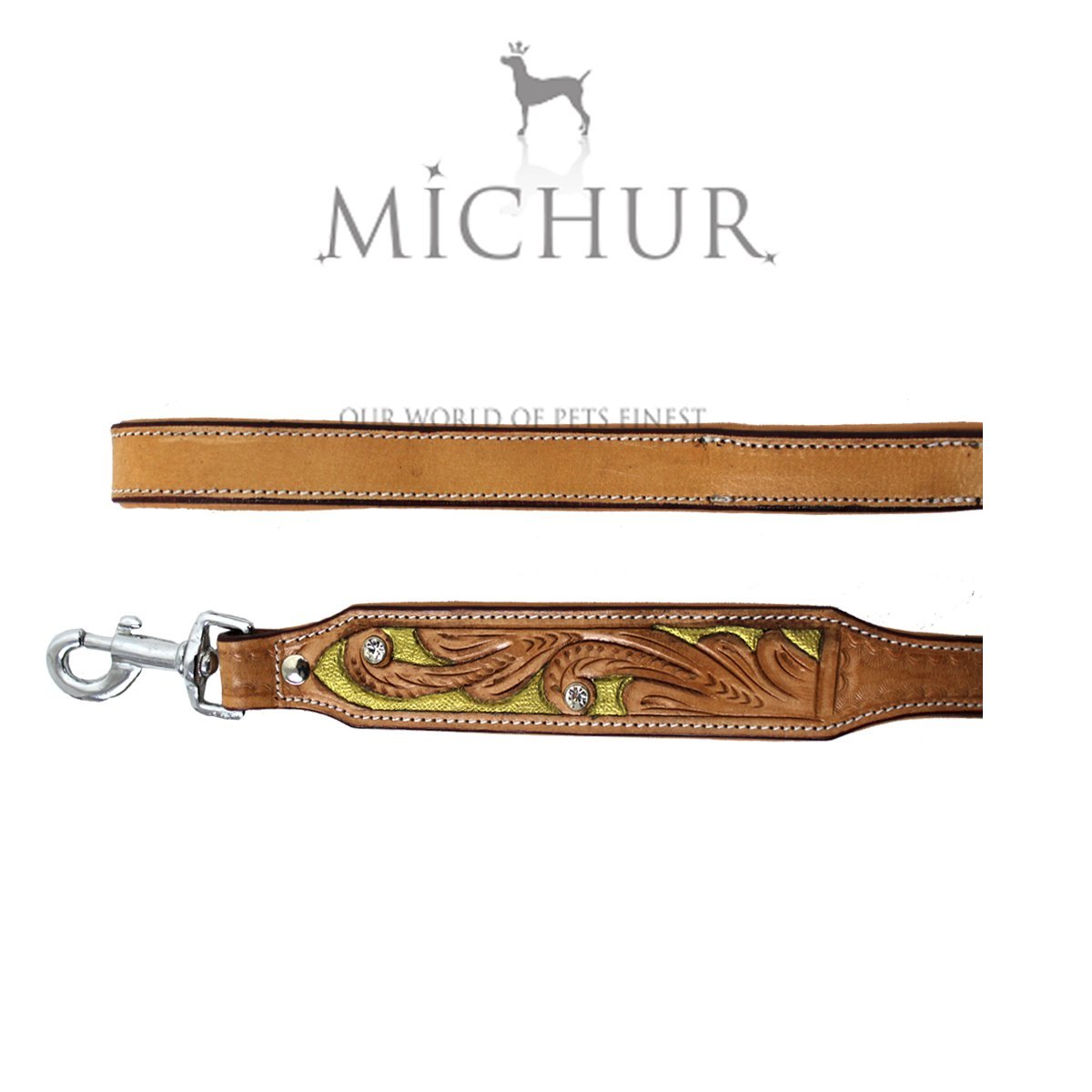 MICHUR GoldenEye Hundeleine Leder, Braun,150x2,5cm | Flachleine, Lederleine Hund, Beige, Passend zum Halsband Goldeneye, Braun, Gold, Strass