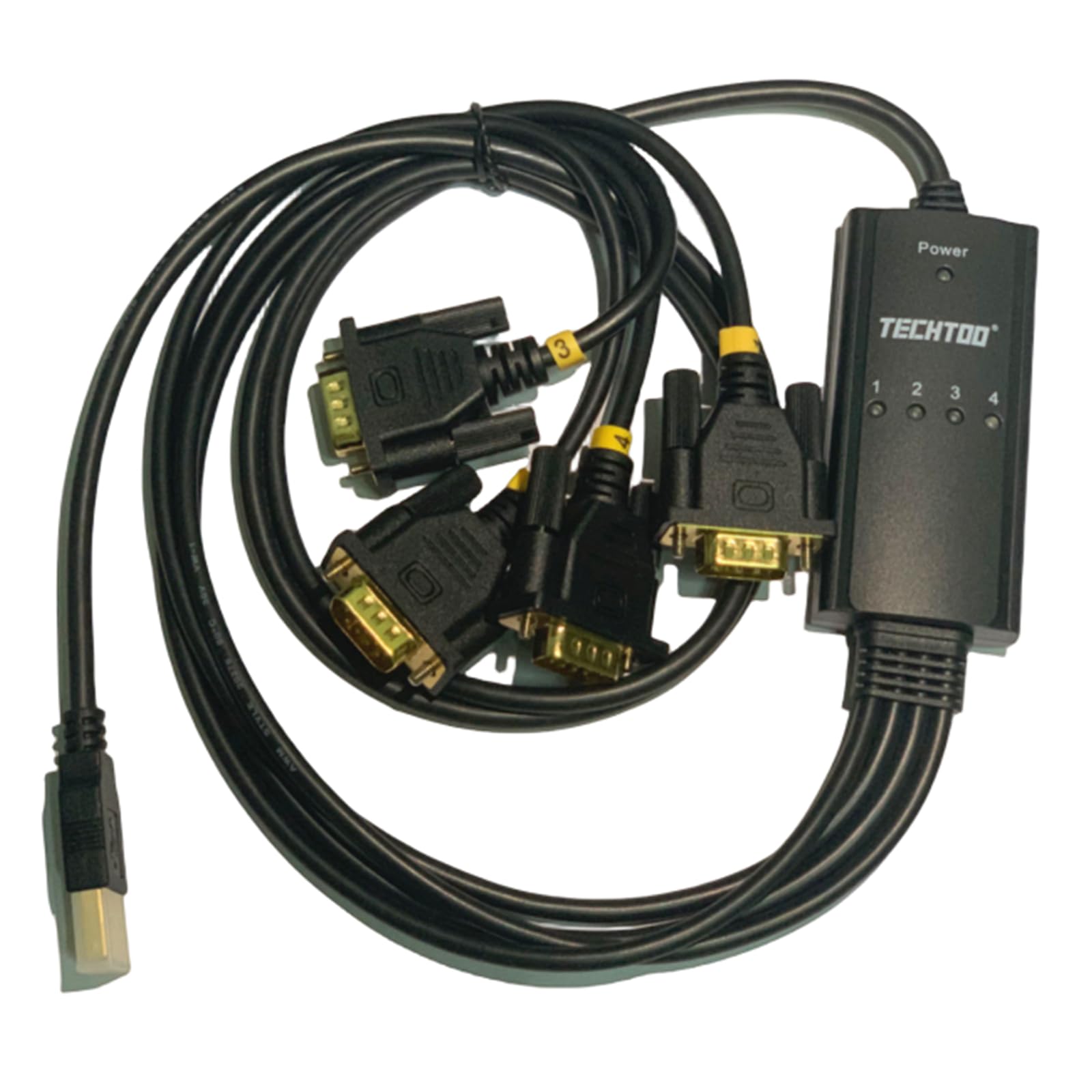 TECHTOO Adaptador USB a Serial RS232 DB9 de 4 puertos USB a Seria, cable serie de 9 pines con tornillos de mariposa (chip prolífico con tornillos de pulgar, 4 puertos)