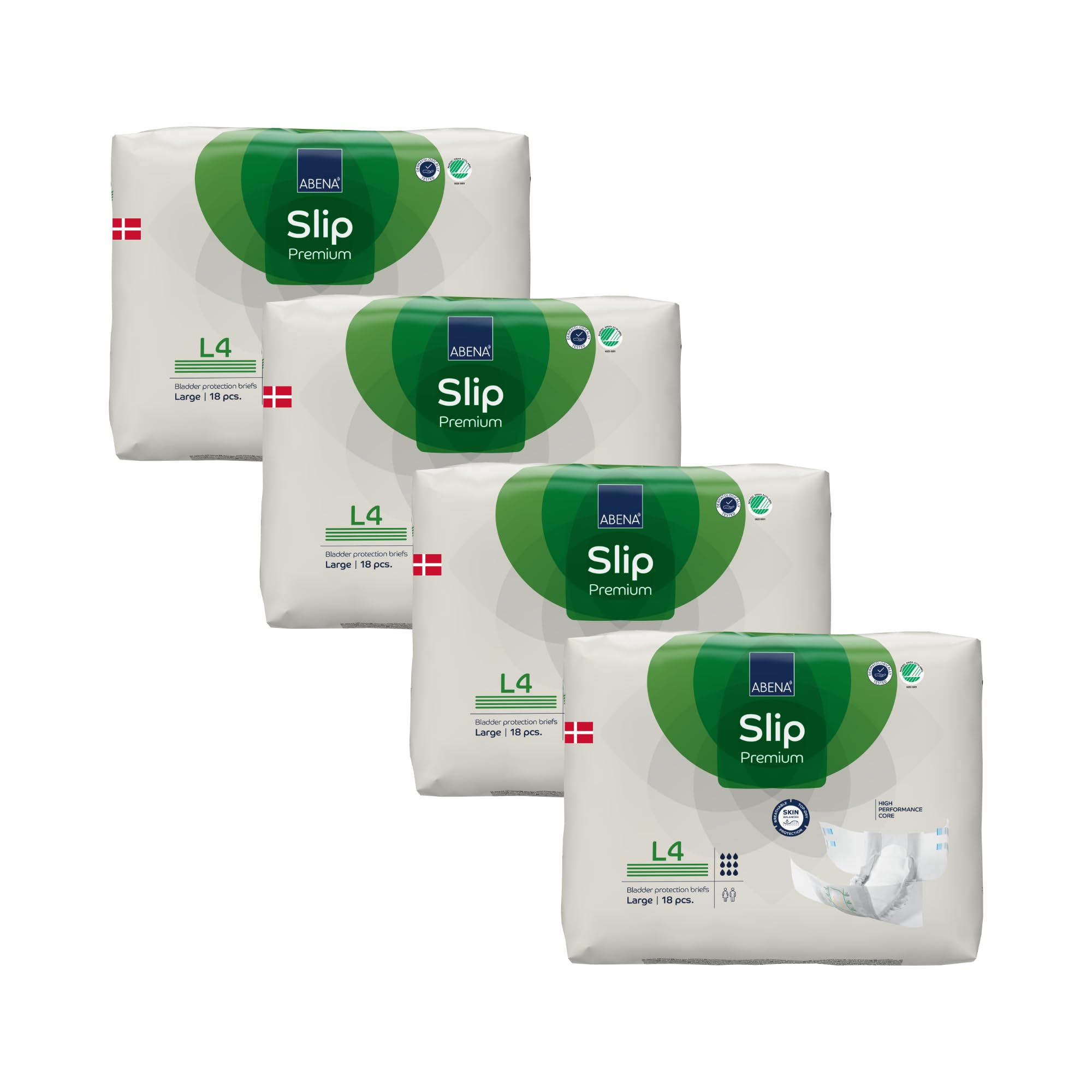 ABENA Slip Premium All-In-One Inkontinenzeinlagen für Damen und Herren, Eco-Label, Größe L 4, 100–150 cm Taille, 4000 ml Saugkraft, 4 x 18 Stück, Weiß