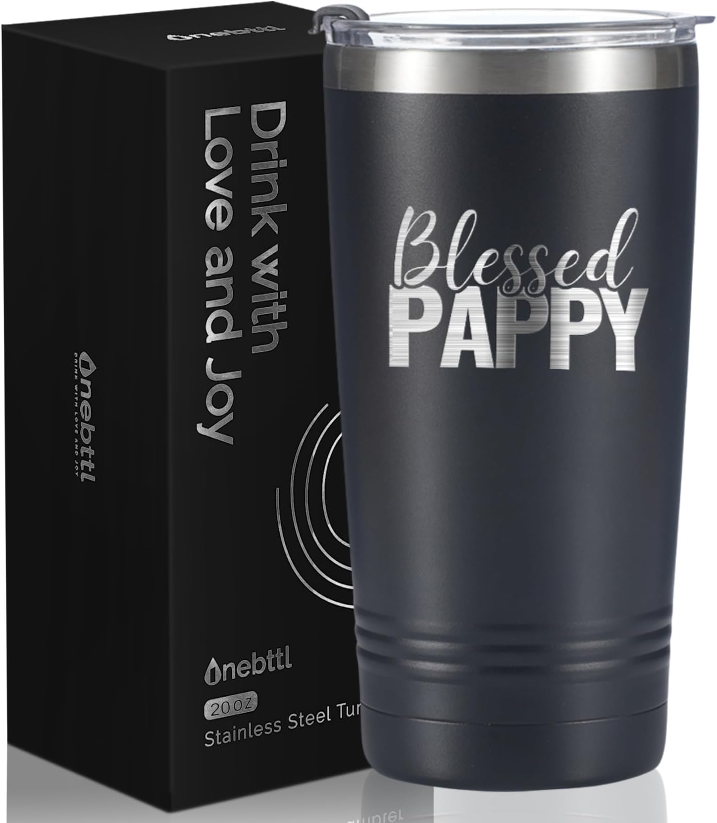 Onebttl Pappy Gift - Grandpa Gift from Grandchildren, Father's Day Tumbler, Laser Engraved 20oz Stainless Steel With Straw & Lid, Black - Blessed Pappy