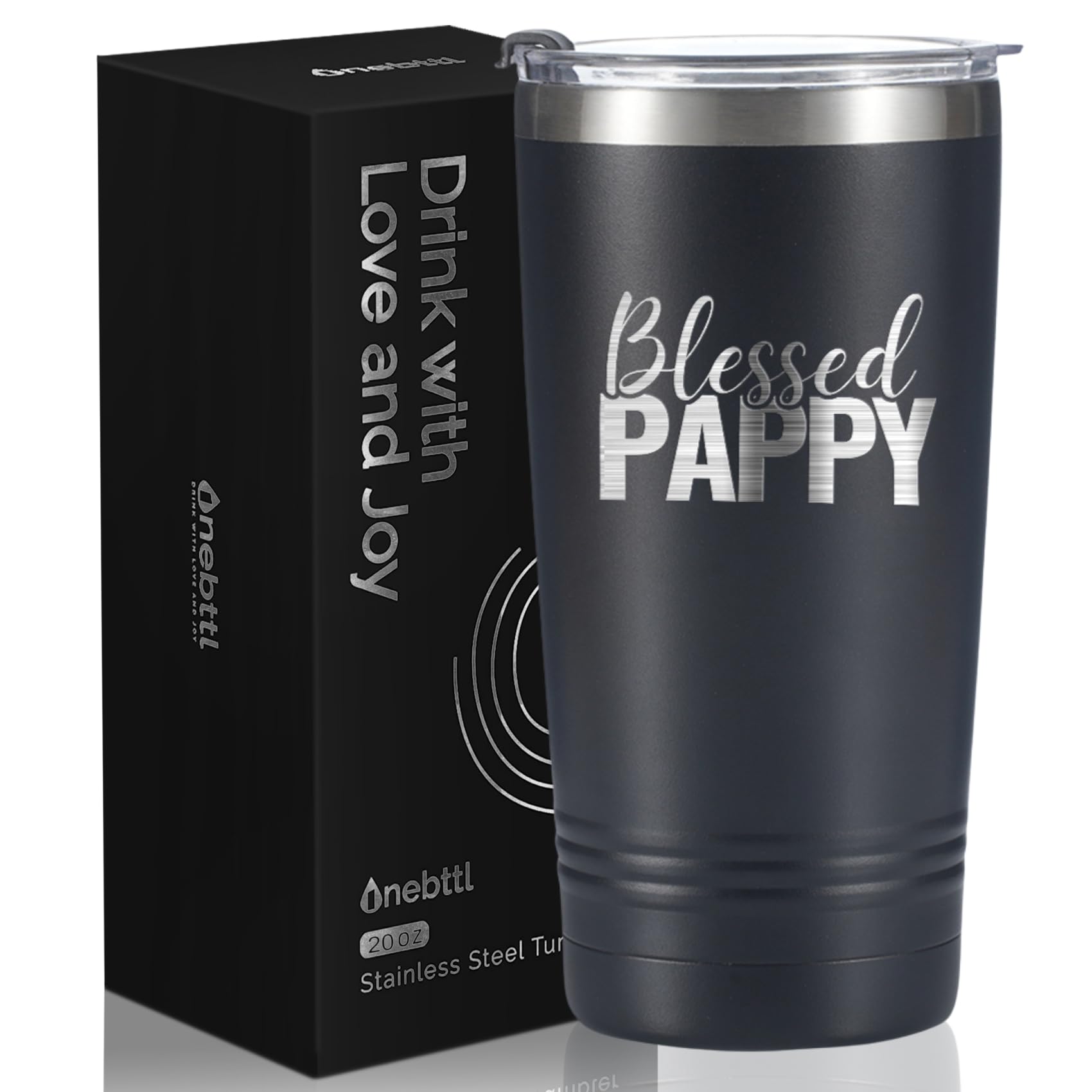 OnebttlPappy Gift - Grandpa Gift from Grandchildren, Father's Day Tumbler, Laser Engraved 20oz Stainless Steel With Straw & Lid, Black - Blessed Pappy