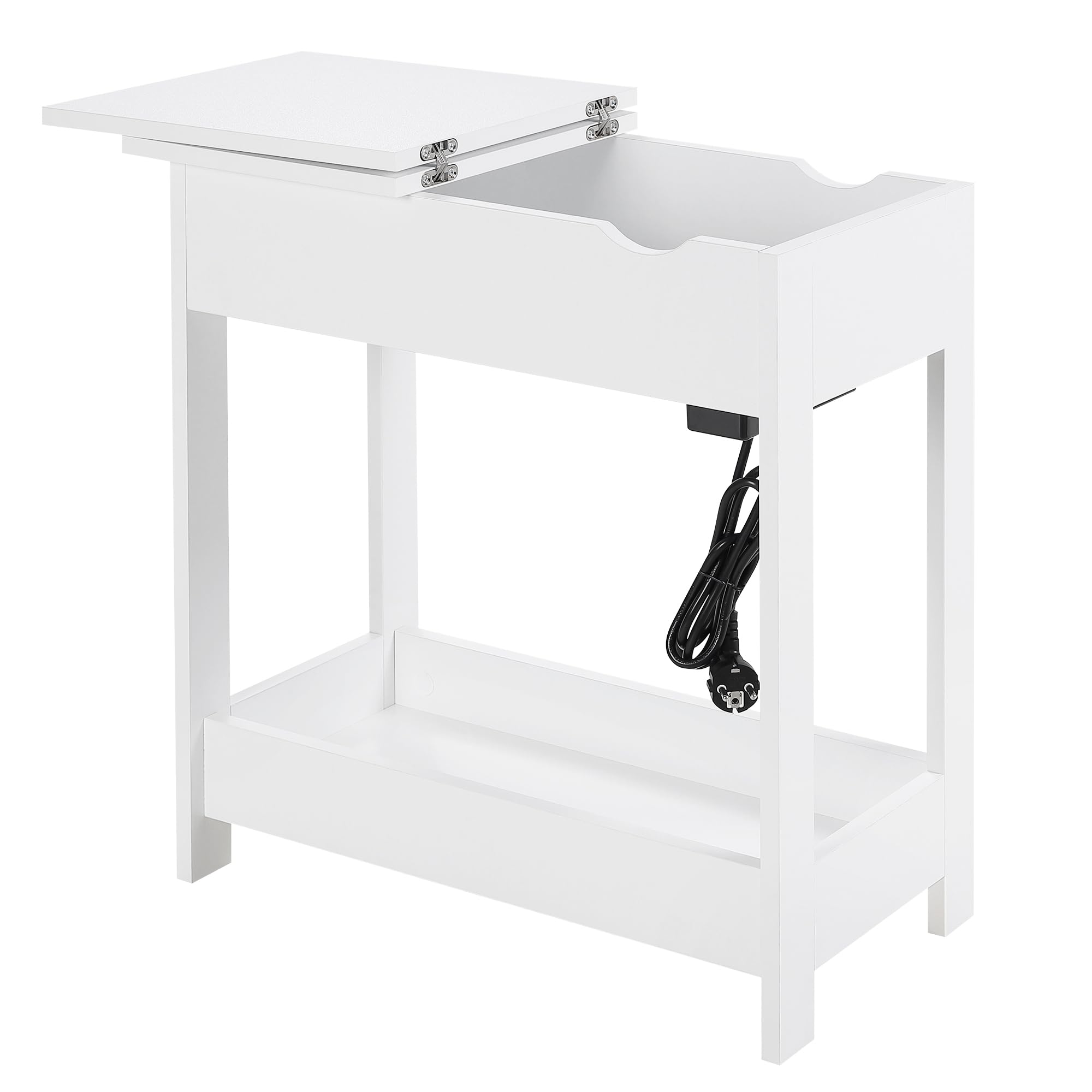 EUGAD Mesita Auxiliar, Mesa de Sofa con Tablero Plegable, Compartimento Oculto y Estante de Almacenaje, Mesita Estrecha con Enchufe y Puertos USB, Ideal para Salón y Dormitorio, Blanco