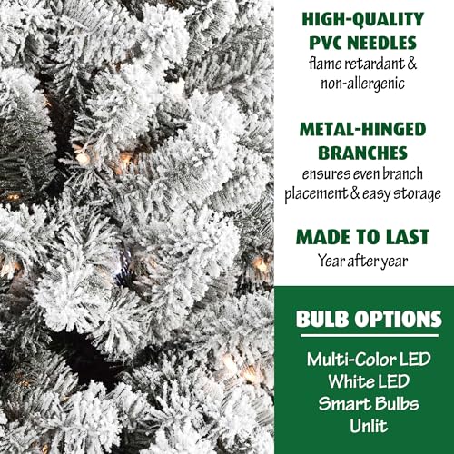 Fraser Hill Farm 7.5-Ft. Alaskan Pine Flocked Artificial Christmas Tree with Warm White LED Lights and Stand, Prelit Foldable Fake Tree with Realistic Snowy Foliage for Home Decoration
