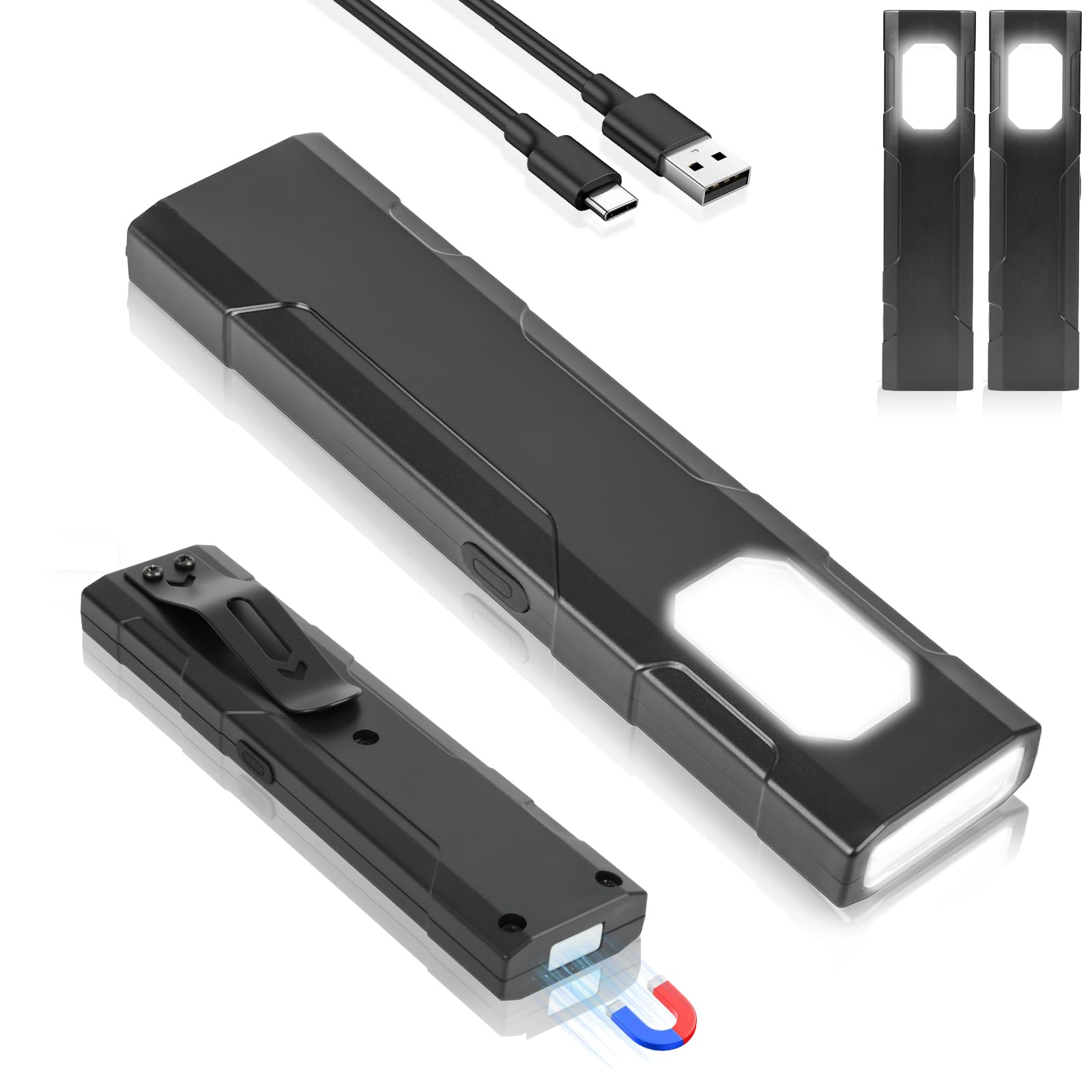 HOTUT Flat EDC Torch, 2 PCS Compact Pocket Flashlight with Clip and Magnetic Base, USB-C Rechargeable, IP45 Waterproof & Drop-Resistant, LED Torch for Hiking, Workshop, Repair