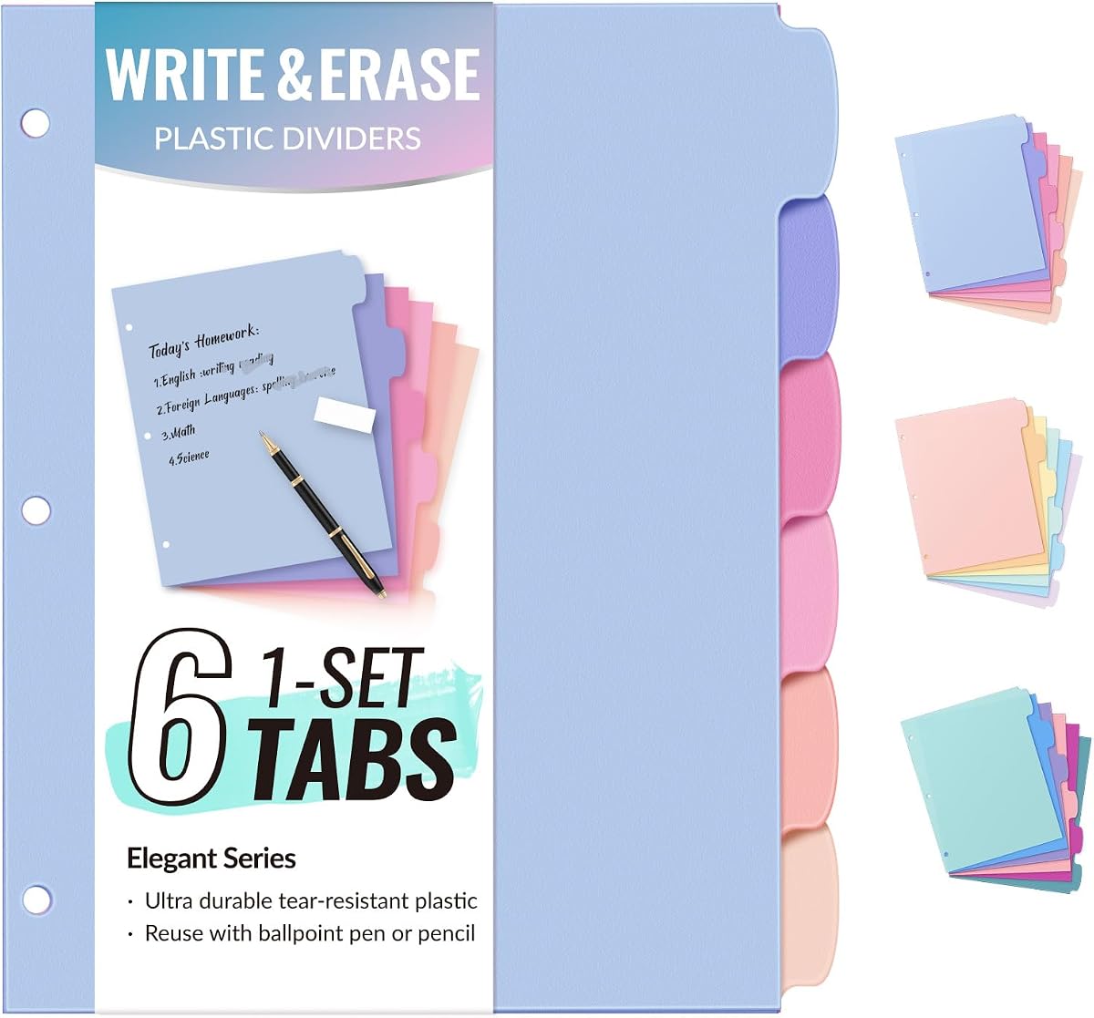Sooez 6-Tab Durable Plastic Write & Erase BigTab Dividers for 3 Ring Binder | Aesthetic Cute Pastels Binder Dividers for Student, Teacher, Office, Home Organizers, 1 Sets, Elegant