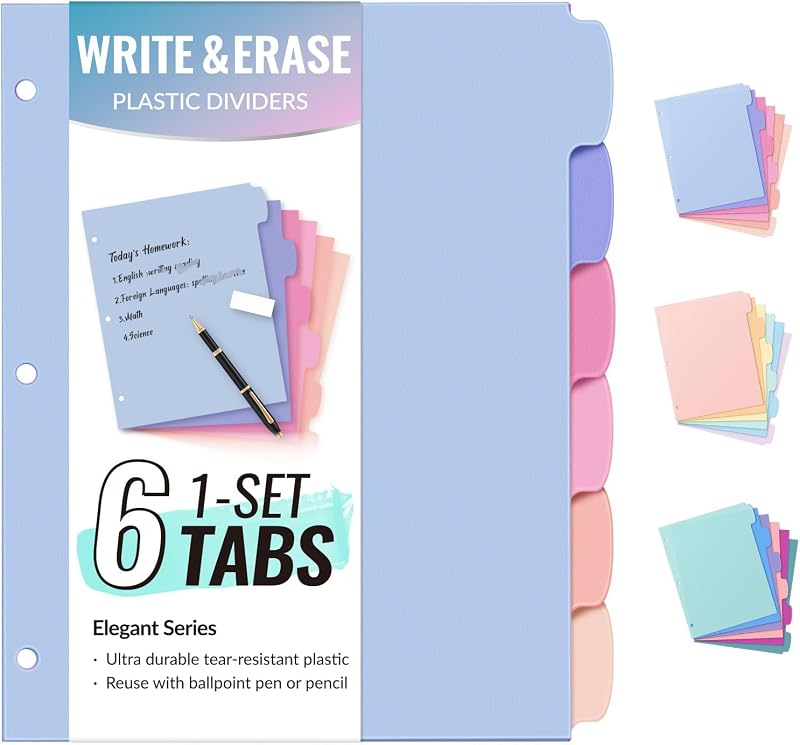 Sooez 6-Tab Durable Plastic Write & Erase BigTab Dividers for 3 Ring Binder | Aesthetic Cute Pastels Binder Dividers for Student, Teacher, Office, Home Organizers, 1 Sets, Elegant