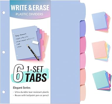 Sooez 6-Tab Durable Plastic Write & Erase BigTab Dividers for 3 Ring Binder