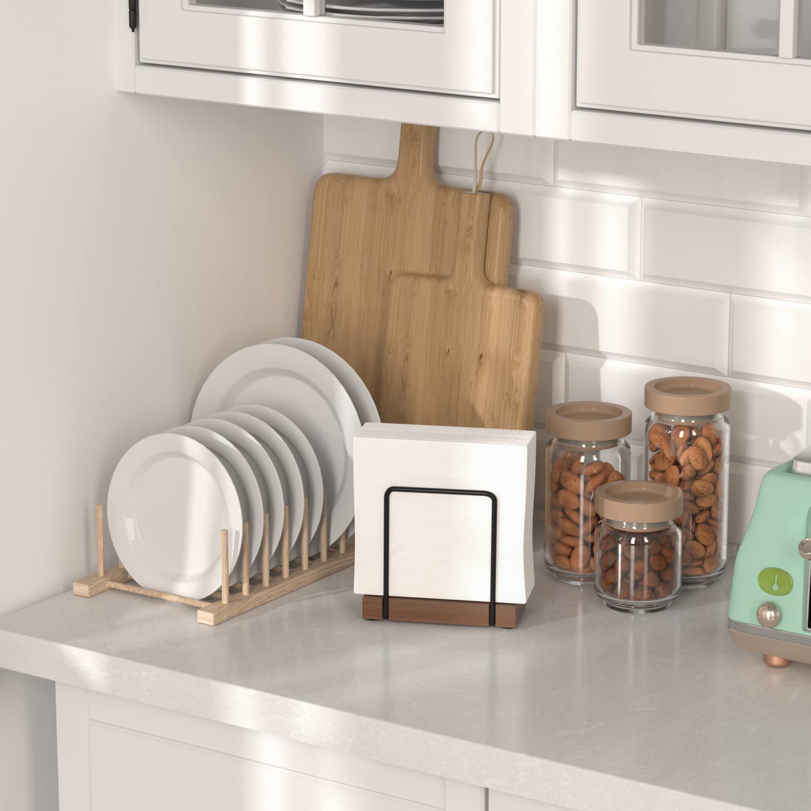Servilletero para mesa, dispensador de servilletas de hierro de bambú para mesa de comedor, granja, cóctel, picnic, soportes de madera rústica, decoración de cocina, comedor, negro y marrón