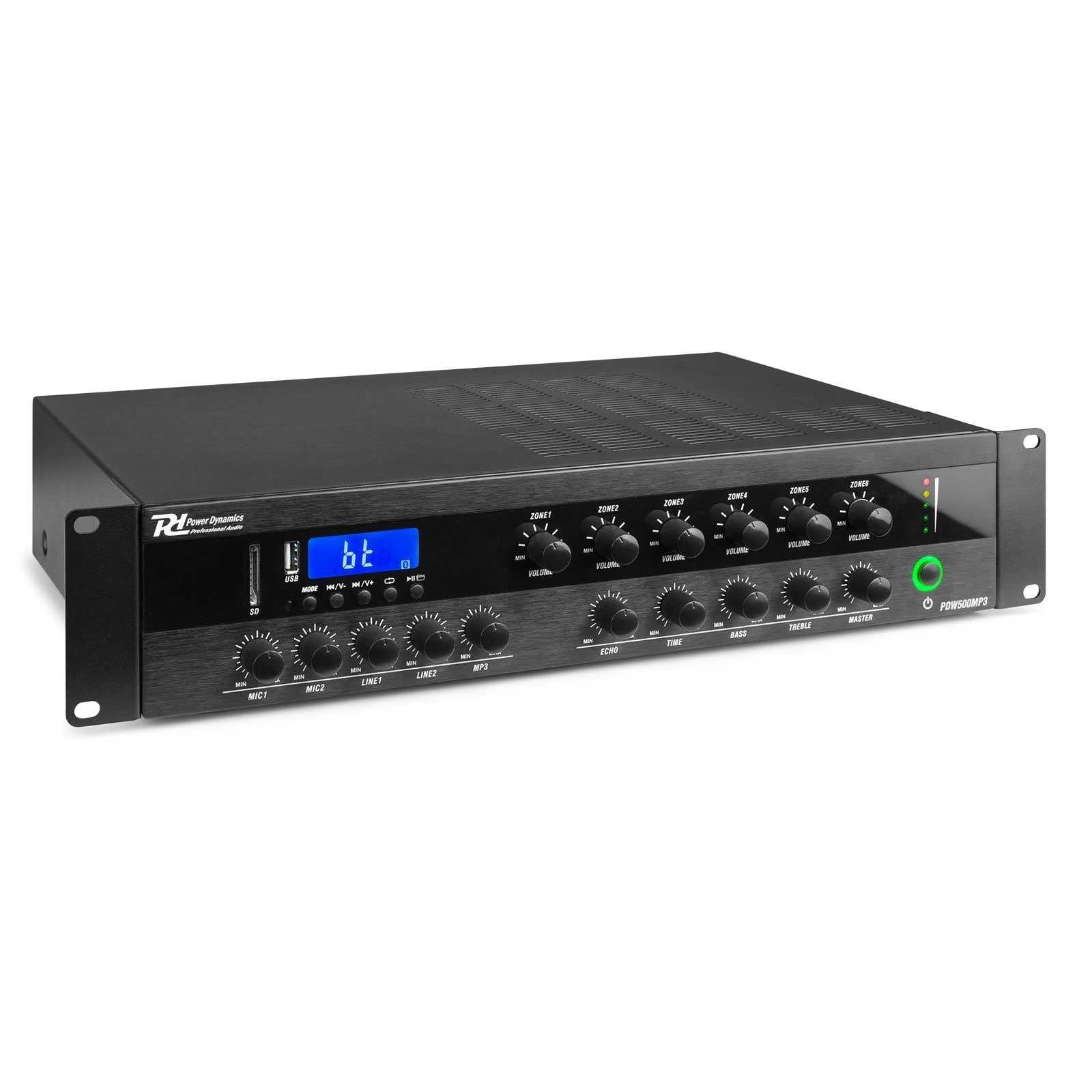 Power Dynamics PDW500MP3 Amplificateur 100V 6 Zones 500 Watts Bluetooth MP3 USB SD Radio FM XLR