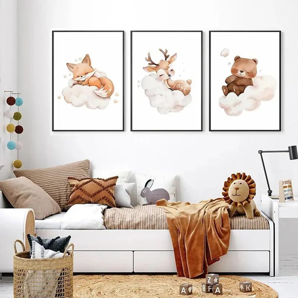 BeiYiHo Tableau Chambre Bebe Biche Nuages 21x30 Affiche Beige Brun Deco Chambre Enfant Theme Nature Poster Bébé Cerf Decoration Murale Fille Cadeau sans Cadre