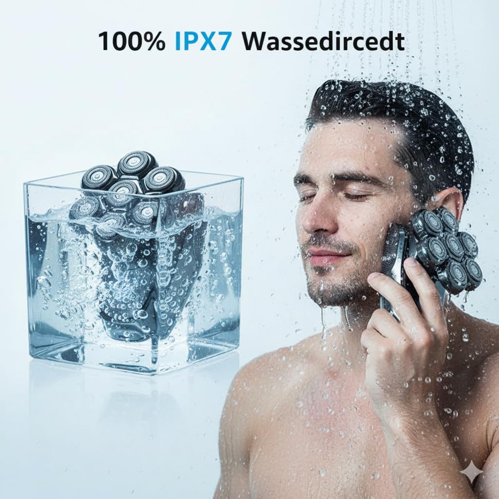 Glatzen Rasierer Herren 7D – Nass & Trocken Kopfrasierer mit 100% wasserdichtem Gehäuse, sanfte Rotationstechnologie, ergonomischer Griff, integrierte Haarkammer, einfache Magnet-Reinigung