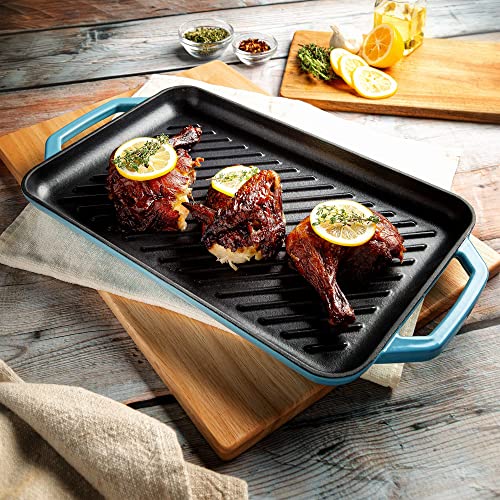 Country Living Enameled Cast Iron Grill Pan, Family Sized Rectangular Griddle, Durable Indoor and Outdoor Cookware, 17\" x 9.5\", Blue