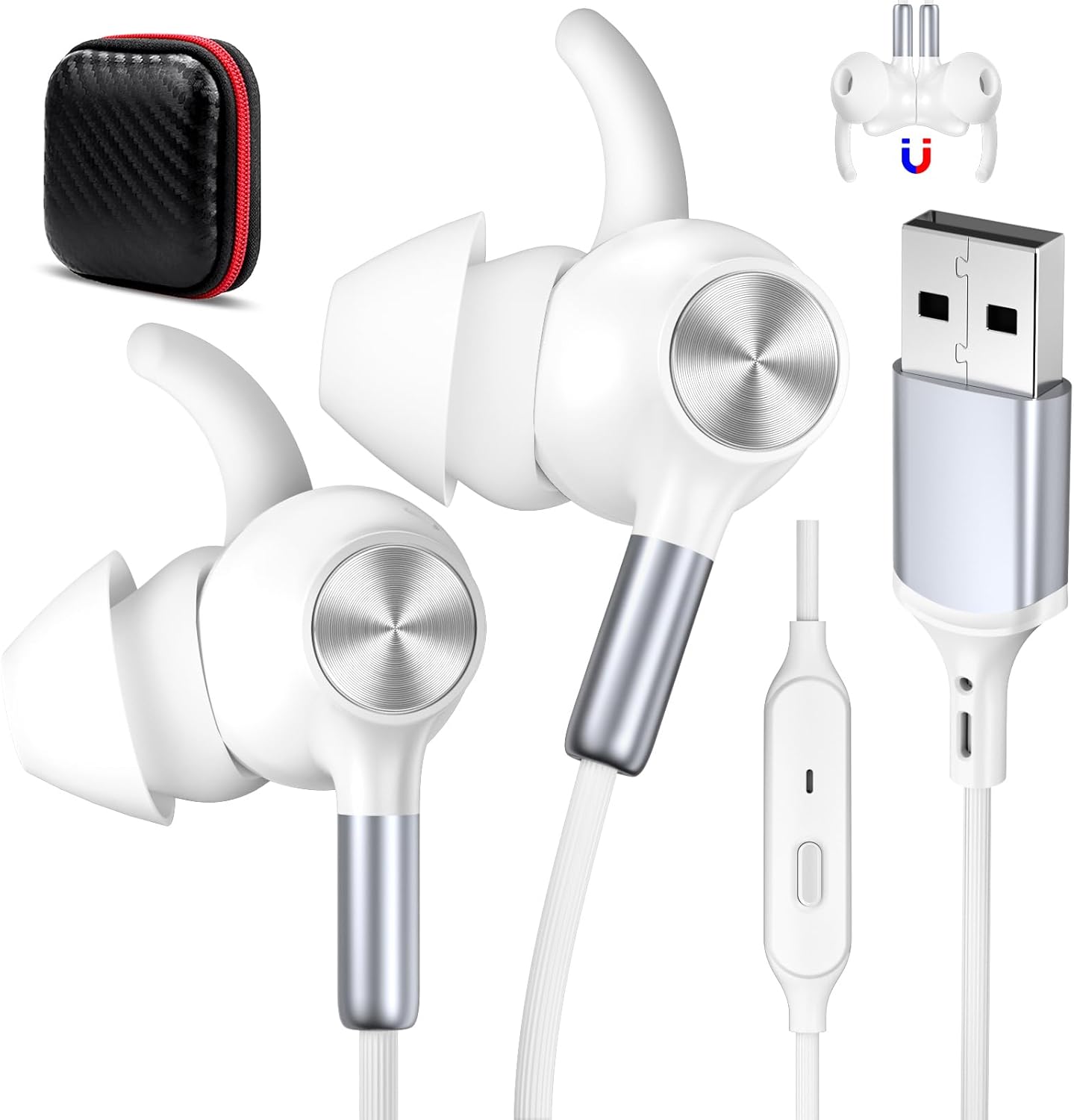 USB Earbuds with Microphone for PC,Wired USB Headphones with Mic& Earfins Hook for Computer Zoom Teams Office,7.5ft Long Noise Canceling Computer Headset for Dell HP Chromebook Laptop School,White