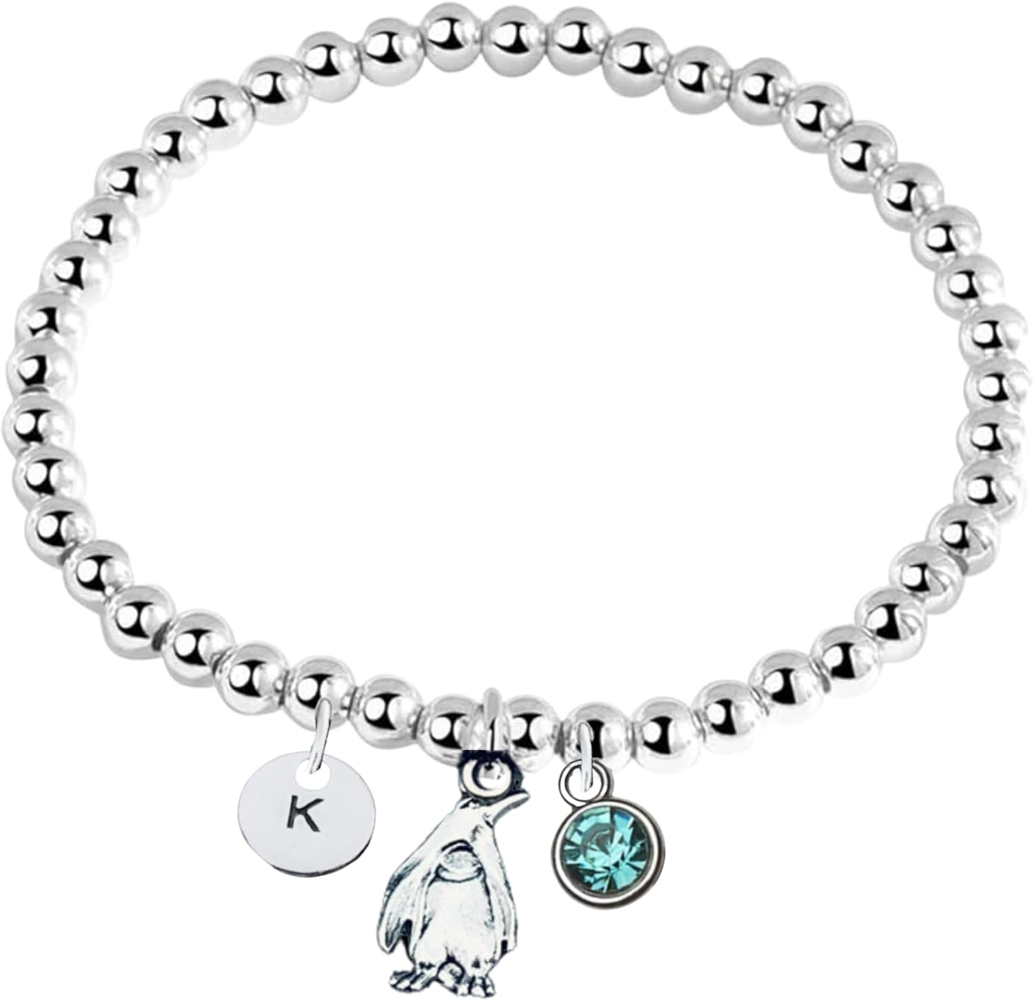 Penguin Gift, Personalized Penguin Beaded Bracelet with Initial Letter and Birthstone Charm, Penguin Adjustable Jewelry, Custom Penguin Lover Accessories for Girls