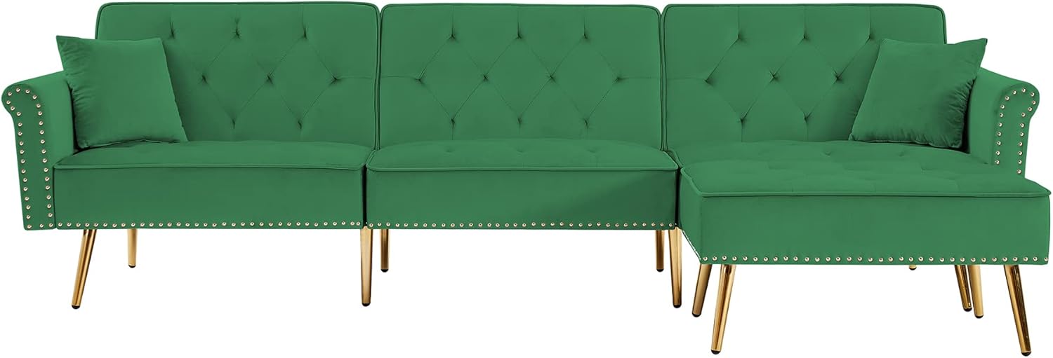 Velvet Upholstered Reversible Combination Futon Sofa Bed, Modern Rivets Design Sofa Bed with Two Pillows for Living Room (Green)