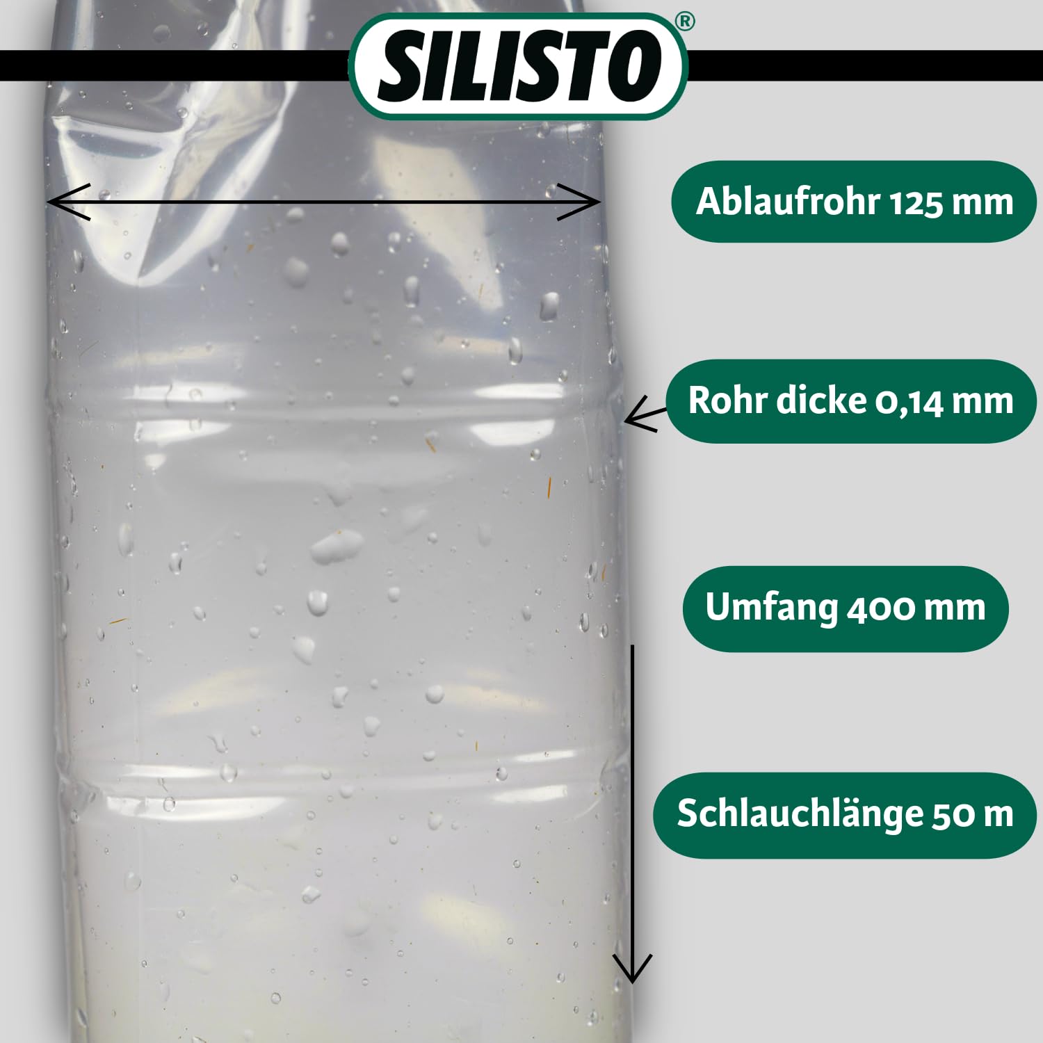 SILISTO Dachrinnenschlauch bis Ø 125 mm 50 Meter Rolle & 140µ Dicke Regenrinnenschlauch - Regenrinnen Ablauf - Fallrohrschutz - Schlauchfolie für Ablaufrohre & Baustellen