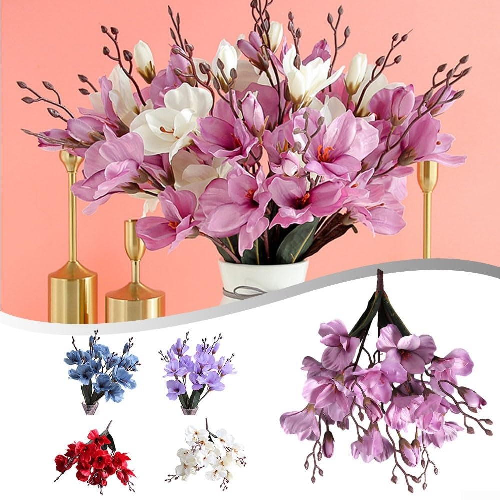 Bouquet de magnolia artificiel 5 broches 20 têtes blanc réaliste