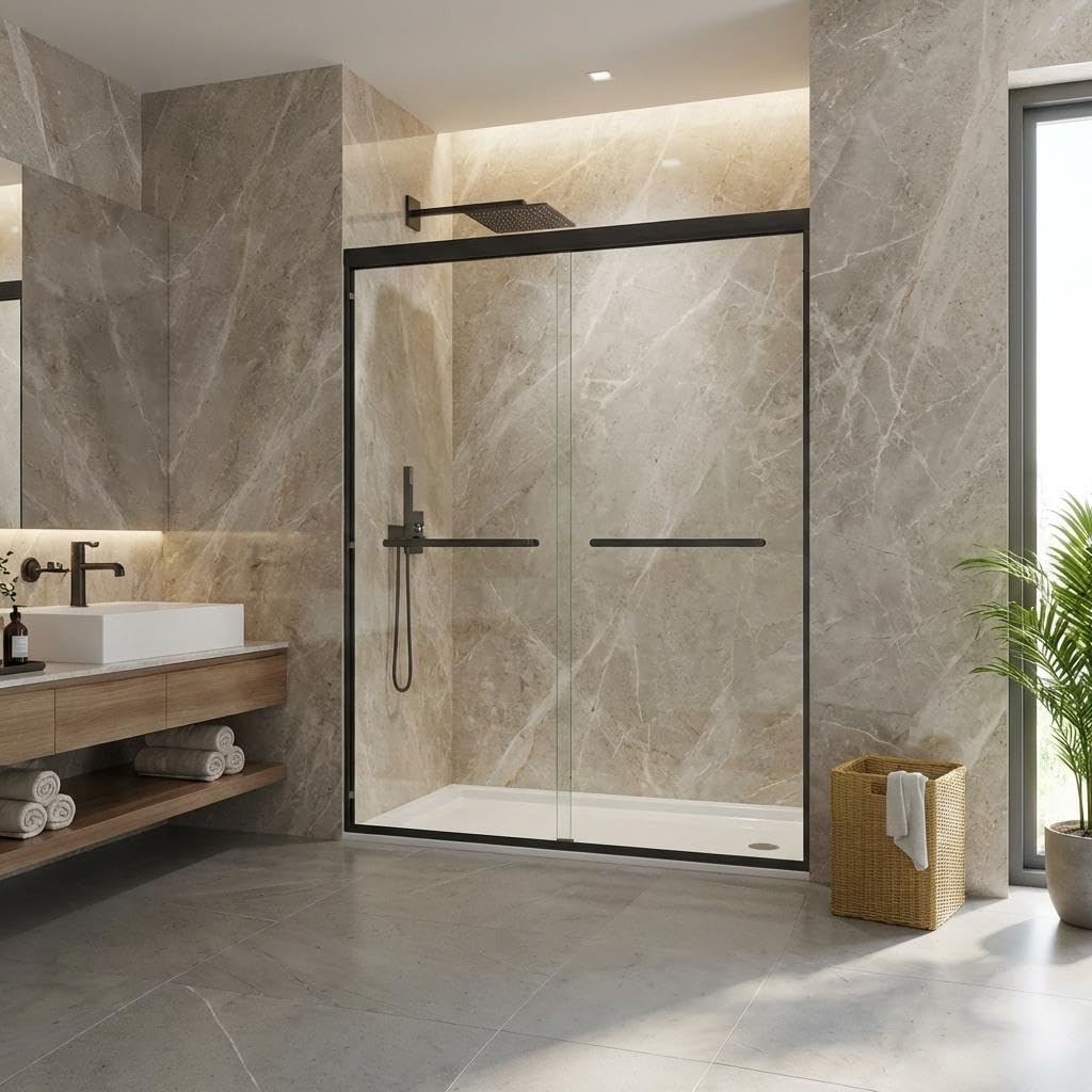56-60" W x 72" H Double Sliding Shower Door, 8mm Tempered Glass with Easy-Clean Coating, Smooth Rollers &amp; Aluminum Frame, for Bathtub/Shower Enclosure, Matte Black