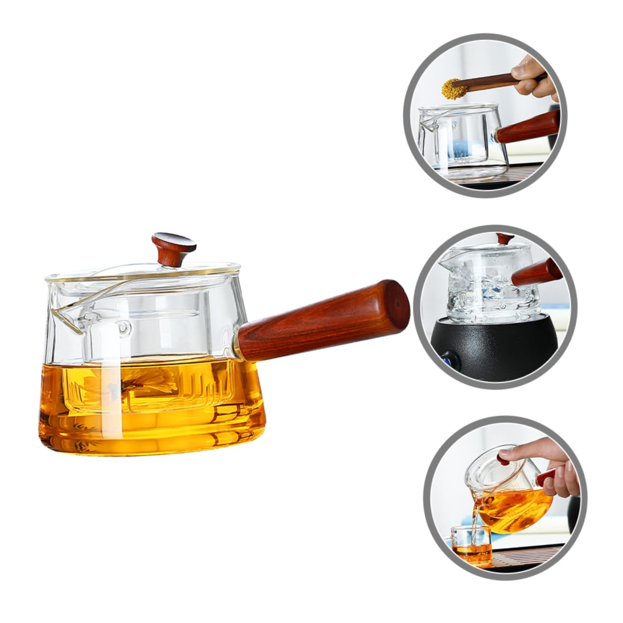 ULTECHNOVO Glas Teekanne Mit Sieb Für Tee Zubereitung Tragbar Für Haushaltsbedarf Transparent Mit Holzgriff Für Einfache Handhabung Und Reinigung
