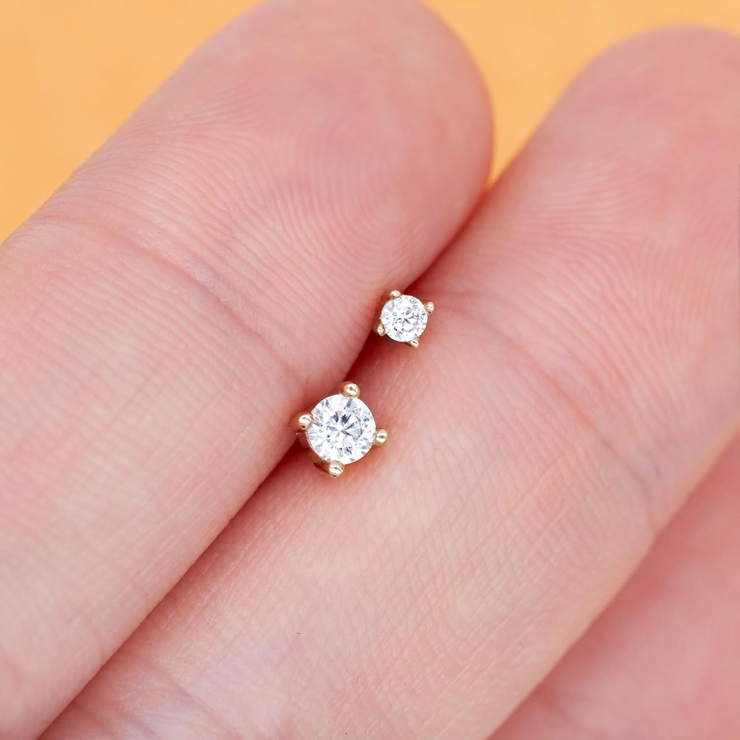 Threadless Stud Earring 1 Pcs, 14K Yellow/White Gold Flat Back Stud Cartilage Earrings, 16G 2mm/3mm Round CZ Helix Labret Lip Monroe Tragus Piercing Jewelry 6mm 8mm