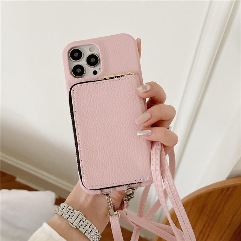 Funda para teléfono con correa para el hombro y billetera con cremallera para iPhone 15 15Pro Max 14 Plus 13 Pro 12 11 Funda trasera con bolsillo para tarjeta con cordón de cuero PU, E, para iPhone 1