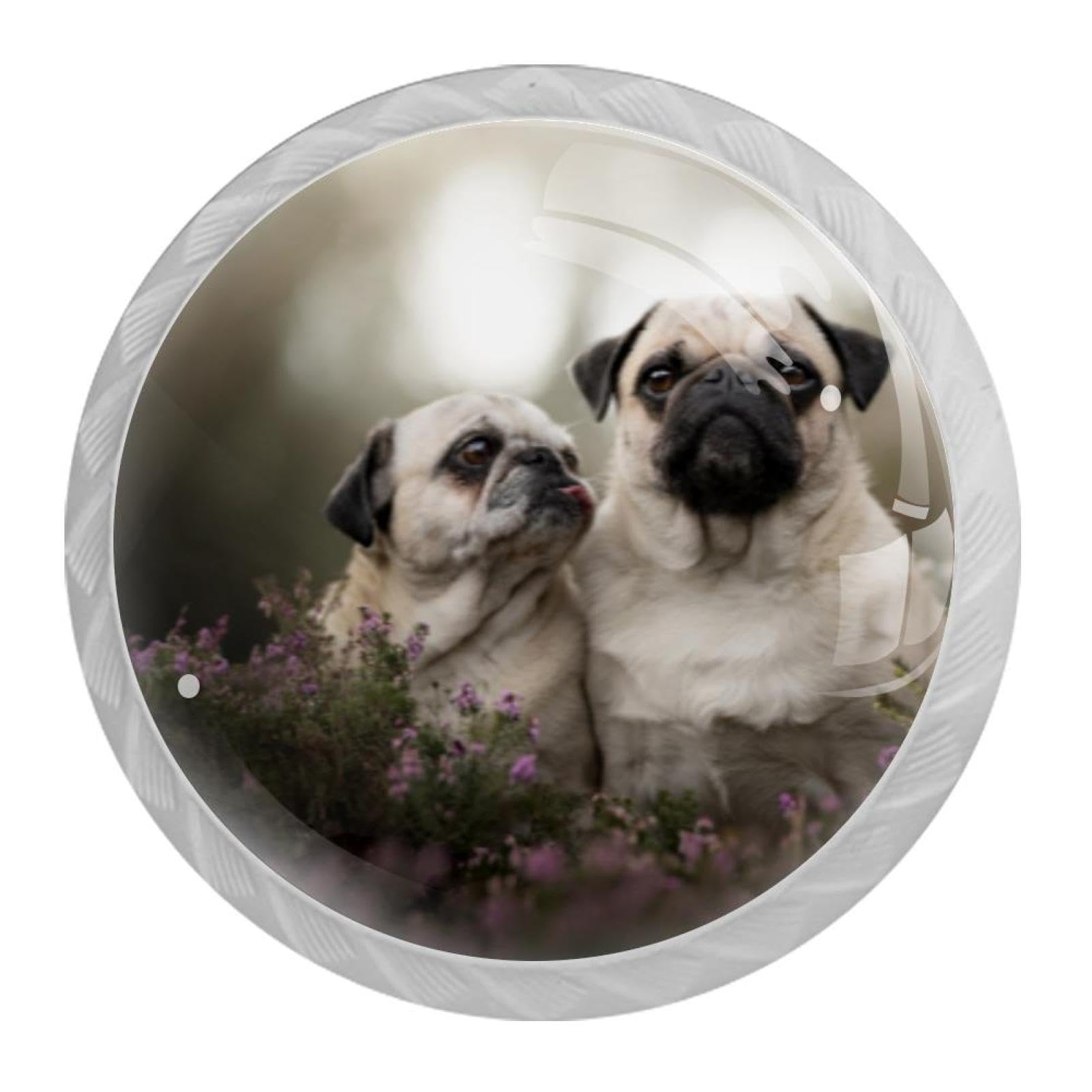 Tqmspg 4 Pieces Drawer Pulls Cute Pugs Door Knobs Dresser Handles for Kitchen Wardrobe Cupboard Hardware Furniture