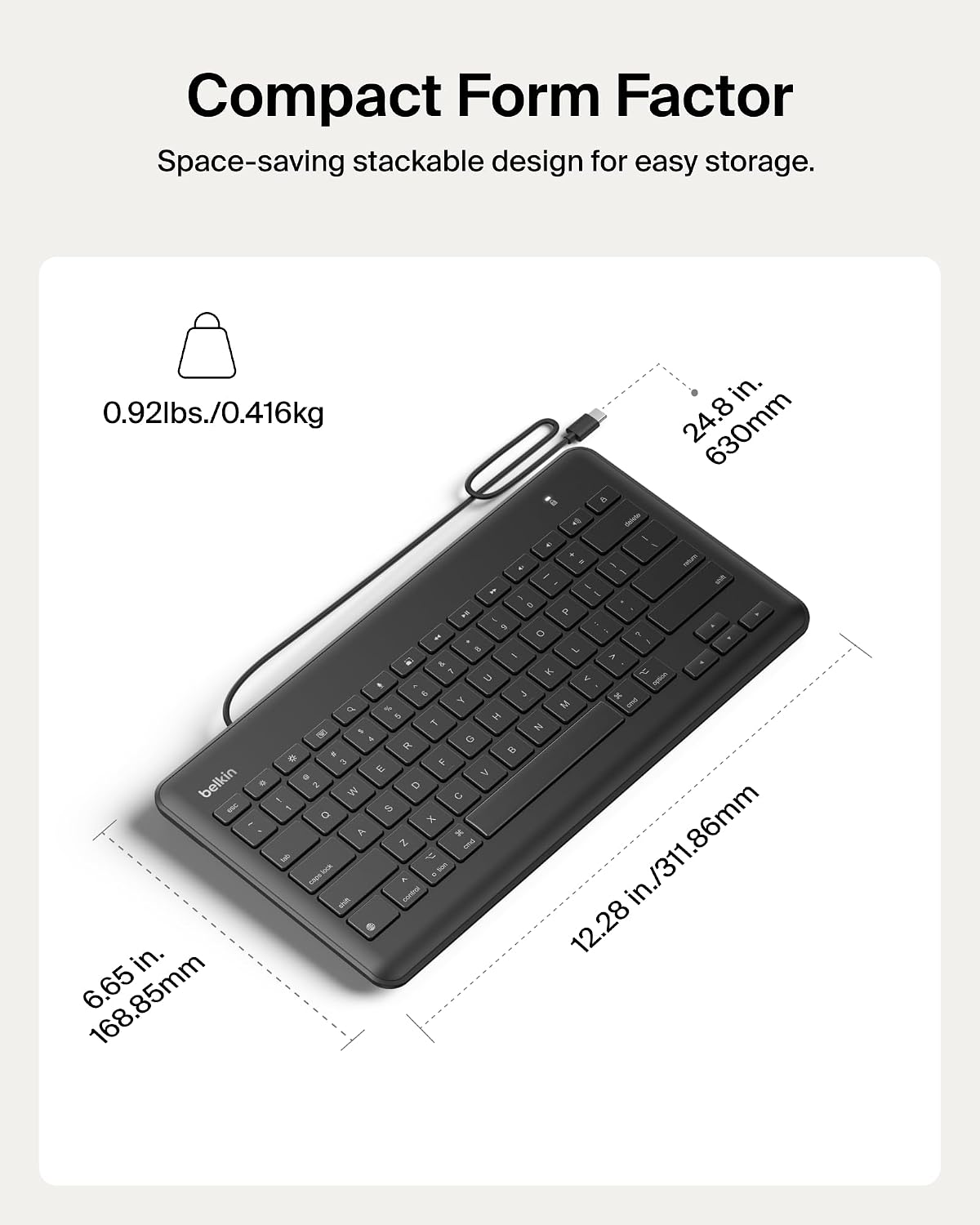 Belkin USB-C Wired Keyboard Full-Size, Plug & Play iPad A16/10th Gen