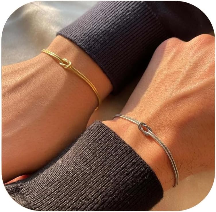 Matching Couples Bracelets, Dainty Gold Love Knot Bracelet Set – 14K Gold Plated Herringbone Chain Bracelets, Relationship Jewelry Gifts for Best Friend, Anniversary, Wedding & Special Occasions