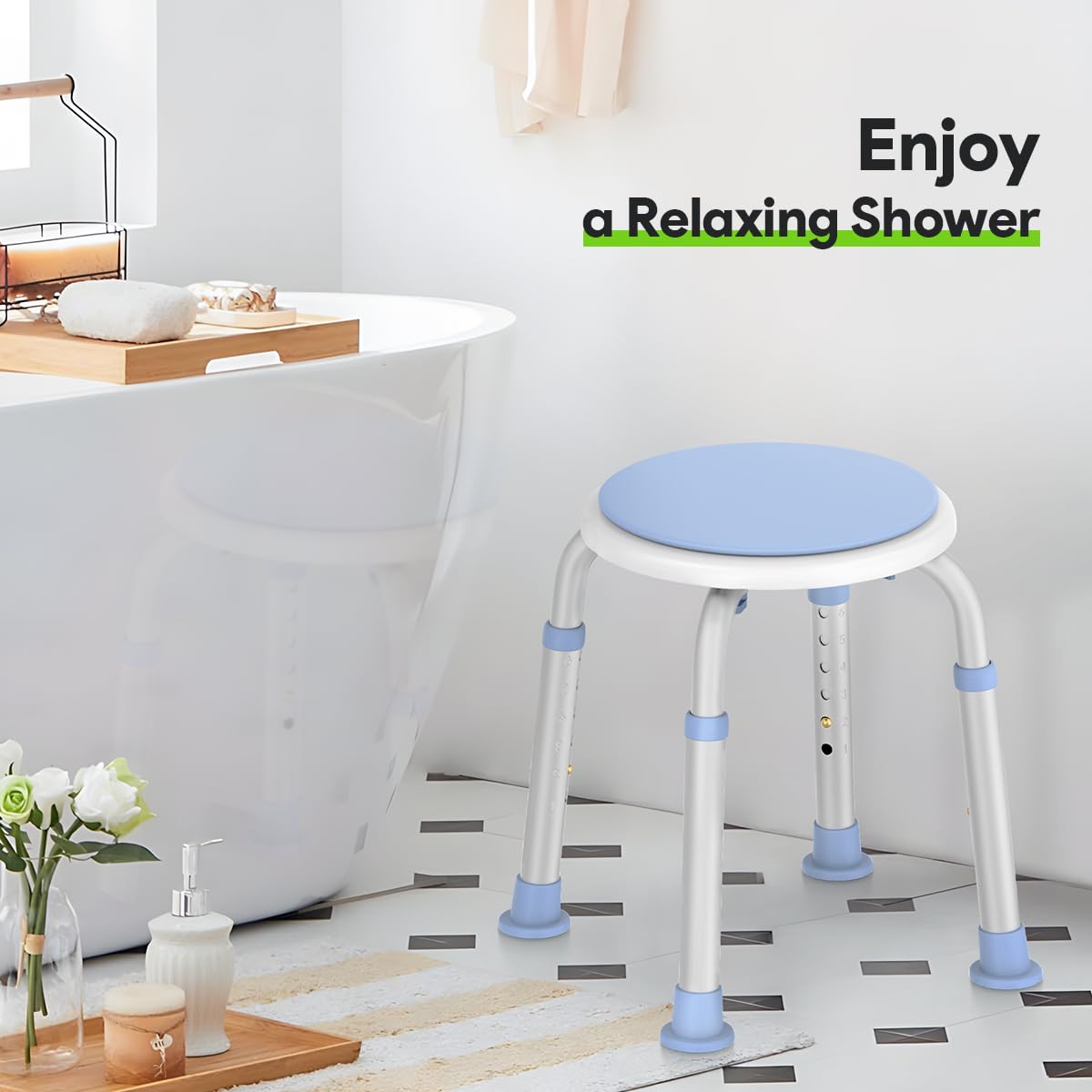 Delog Asiento de ducha giratorio de 360 grados, asiento ajustable para bañera y bañera pequeña, capacidad de 300 libras con puntas de goma antideslizantes