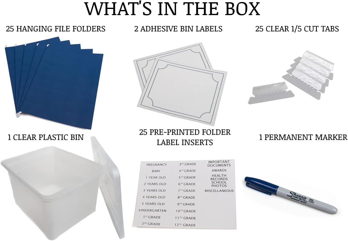 Generic Kid's Craft Memory Keepsake Organizer Box - Clear Storage Latching Bin with Hanging File Folders and Custom Tab Inserts (Navy)