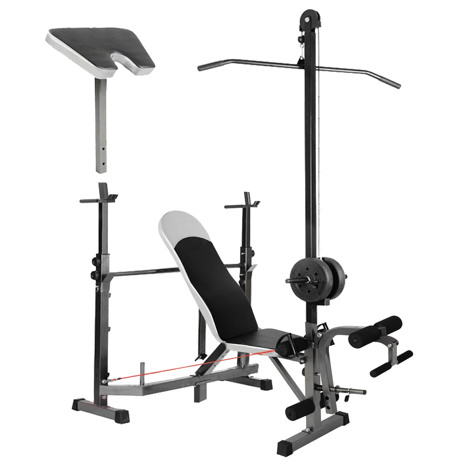 Banco Musculación Multifuncional,Banco Press Banca Polea Gimnasio Casa,Maquina Multifuncion Musculacion,Max 300 kg(Banco Multifuncional con Barra Alta y Soporte para Mancuernas)