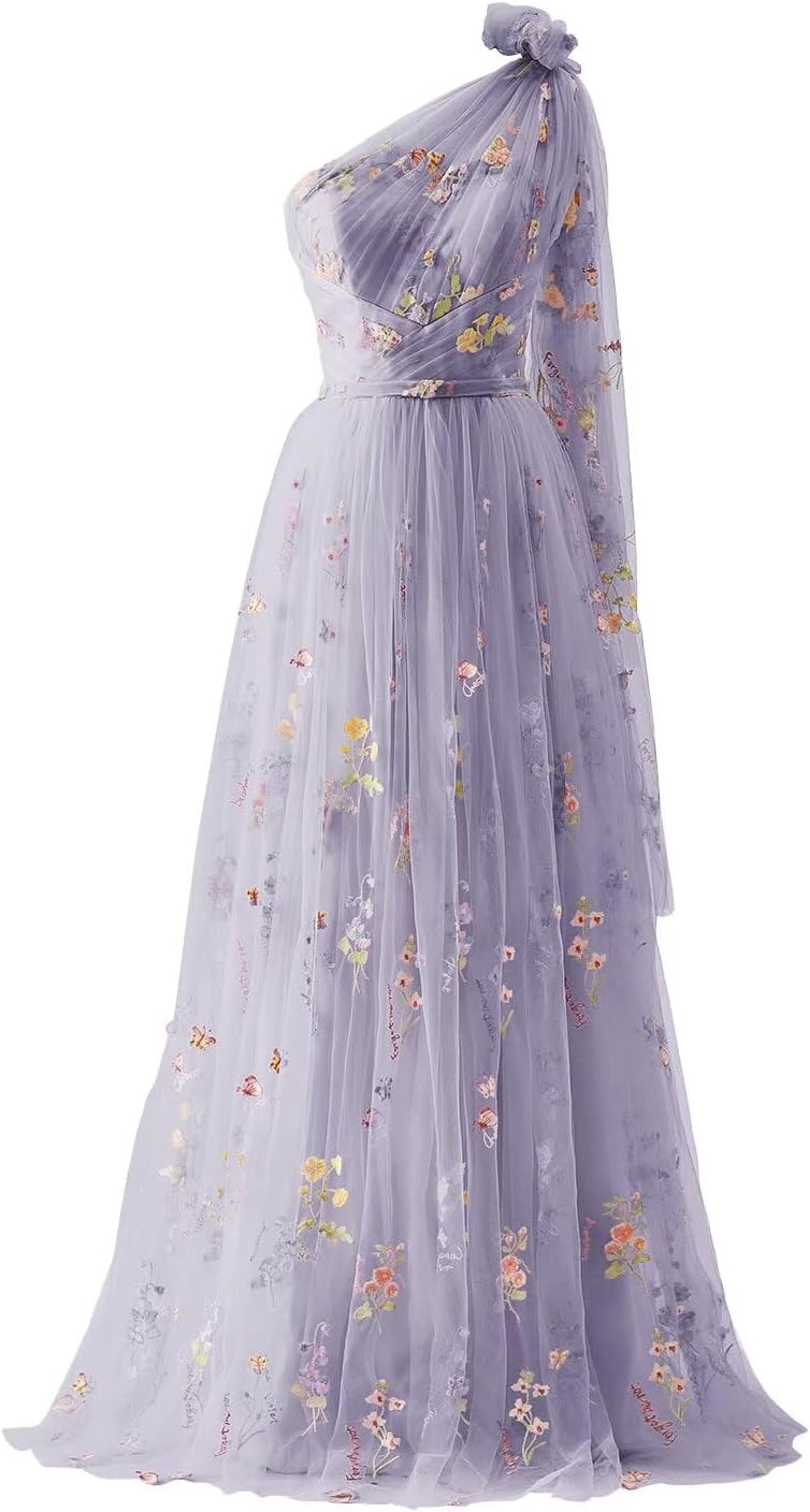 Cudiew Flower Embroidery Tulle Prom Dress for Women One Shoulder Formal Floral Party Gowns Floor Length