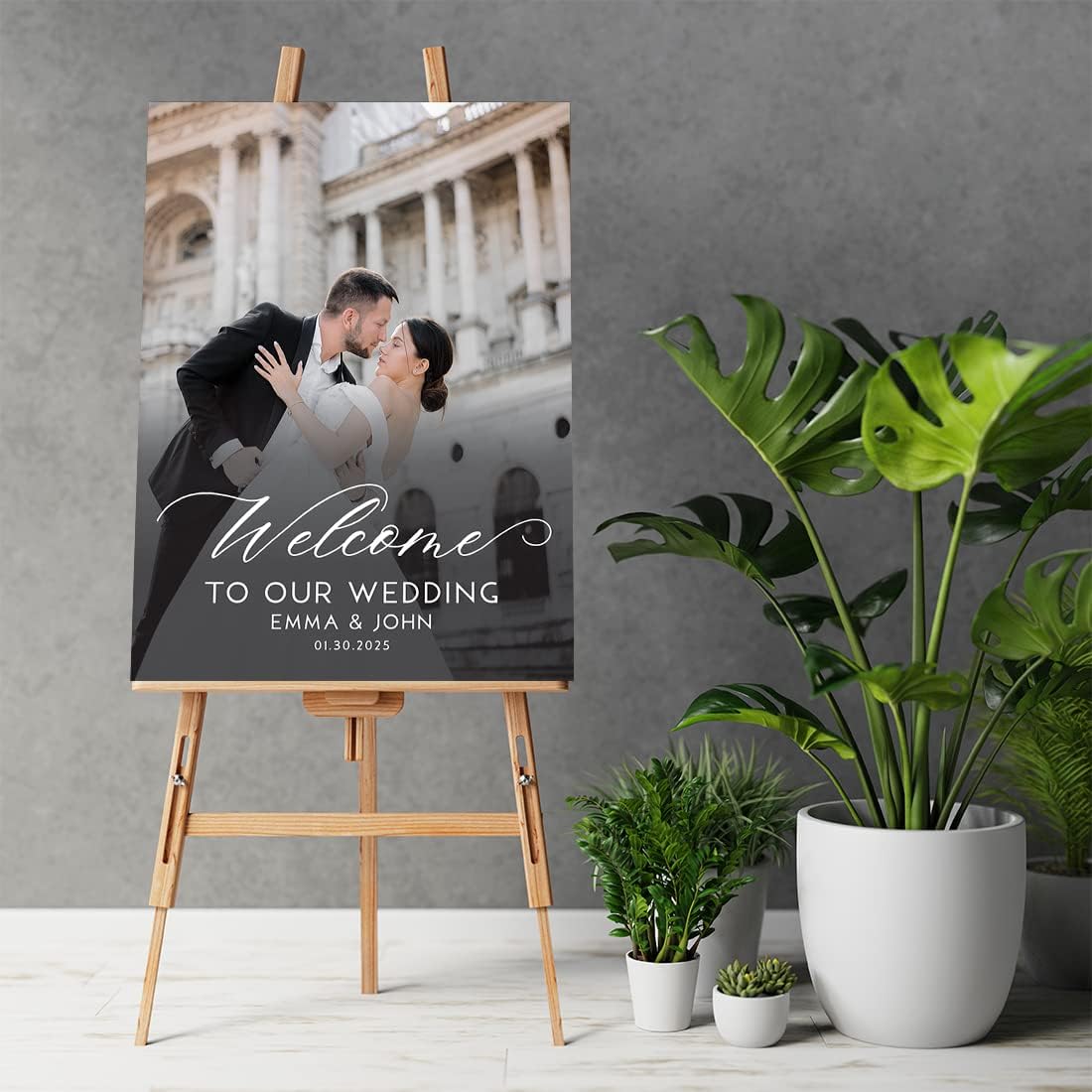 Andaz Press Personalized Welcome To Our Wedding Sign, Romantic 16" x 20" Custom Photo Canvas Wedding Welcome Sign for Reception, Ceremony, Easel Stand