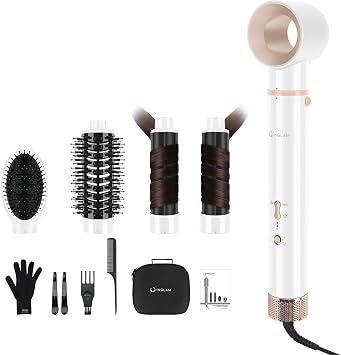 فرشاة مجفف الشعر 5 في 1 IG INGLAM MegaAir Hair Styler فرشاة مجفف الشعر بدون فرشاة لف الشعر التلقائي بالهواء الأيسر/الأيمن فرشاة الهواء الساخن أيونات سلبية بدون ضرر حراري تجفيف بدون تجعد تجعيد، أبيض