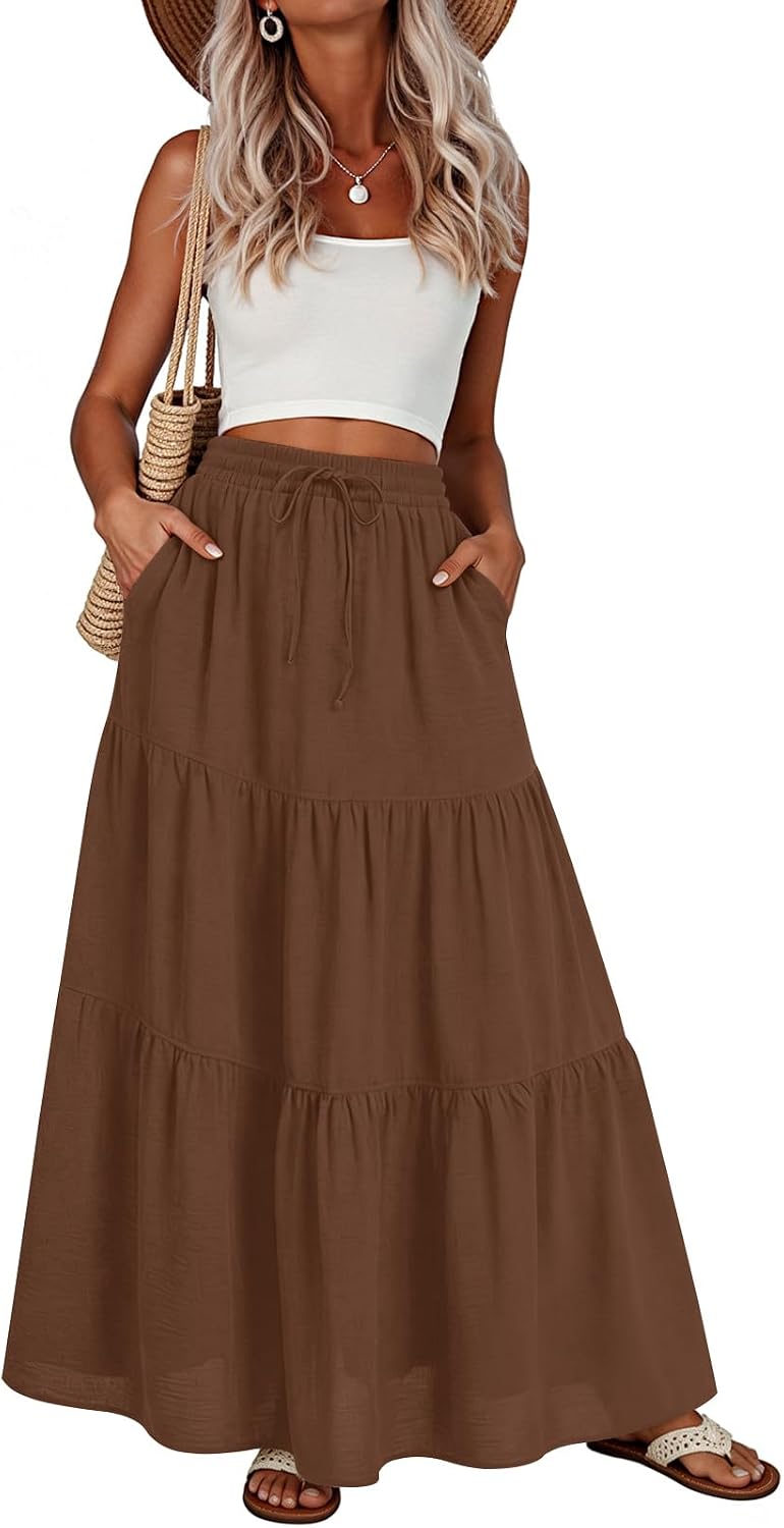 Addtoo Womens Maxi Skirt Pleated Tiered A-Line Elastic Waist Midi Skirt