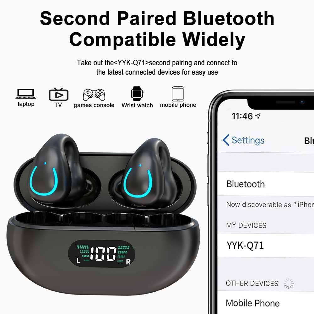 Obbug Clip-On Open Ear Headphones Wireless Bluetooth 5.3 Earbuds with Earhooks 80 Hours Playtime with Charging Case,IPX4 Waterproof Earphones for Running, Walking, Workout (Black)