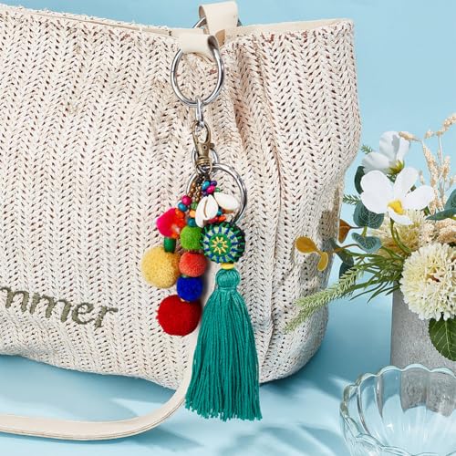 Beebeecraft Boho Keychain Green Tassel Bag Charm Pompom Wood Bead with Swivel Clasp Pendant Decoration Hanging Ornament for Women Gift - Image 4