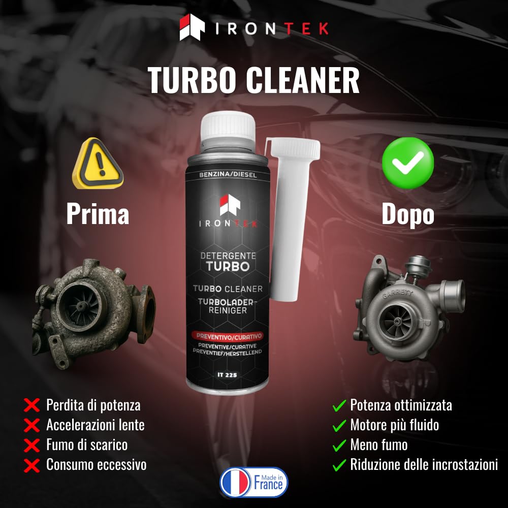 IRONTEK Pulitore Turbo Benzina Diesel 300ml | IT225 | Senza Smontaggio | Azione Preventiva e Curativa | Rimuove Depositi | Prolunga la Vita del Turbo