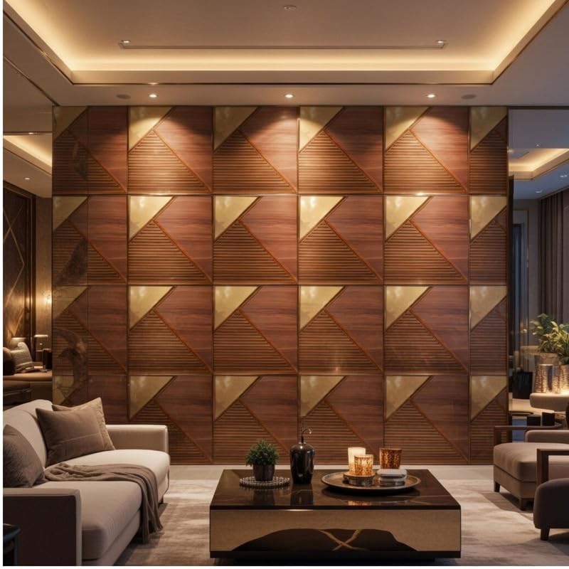 Image of Kayra Decor 3D PVC Wall Panels for Bedroom & Living Room | Fluted 1 Design | Mirror Wooden Color | 19.7 x 19.7 Inch | Pack of 18 | 48.42 Sq Ft