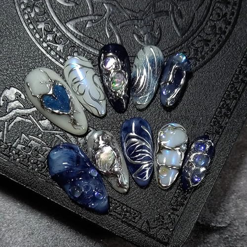 24Pcs French Tip Press on Nails Medium Almond Fake Nails 3D Star Heart Charms Rhinestones Glitter Y2k Designs Laser Chrome Nails Glue on Nails Gradient Purple False Nails for Women Girls Acrylic Nails