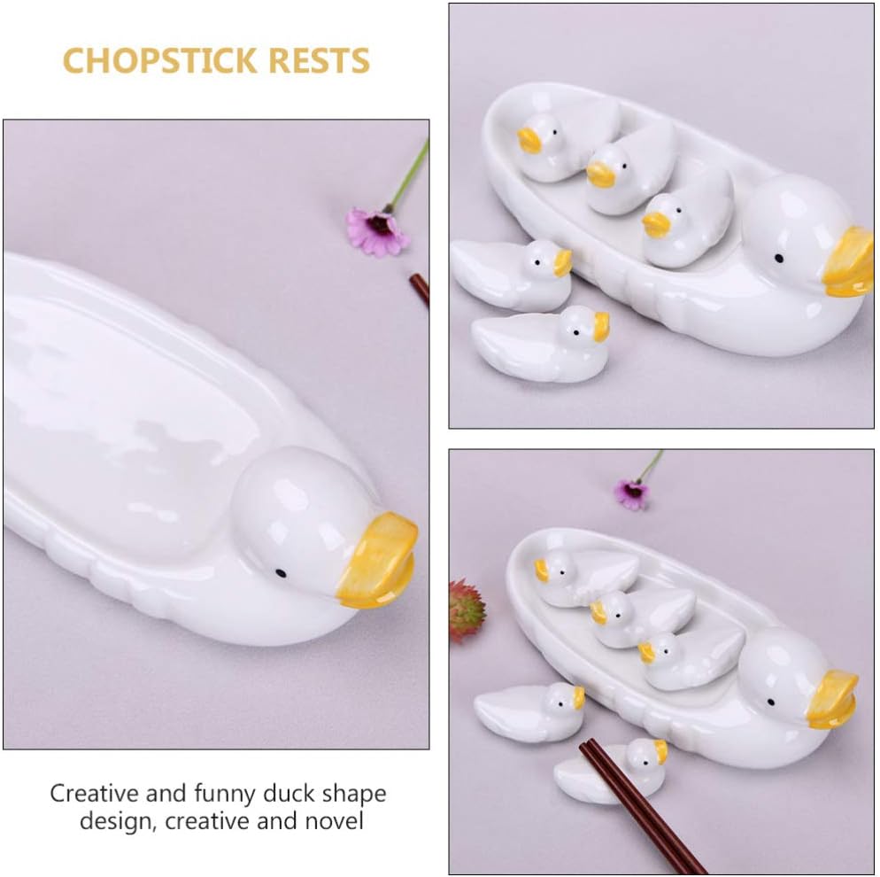 Duck Ceramic Chopstick Rest Ducky Porcelain Spoon Holder Set Pottery Cutlery Knife Fork Stand for Home Kitchen Table Tableware Cooking Utensils Dish Accessories Decor Gift