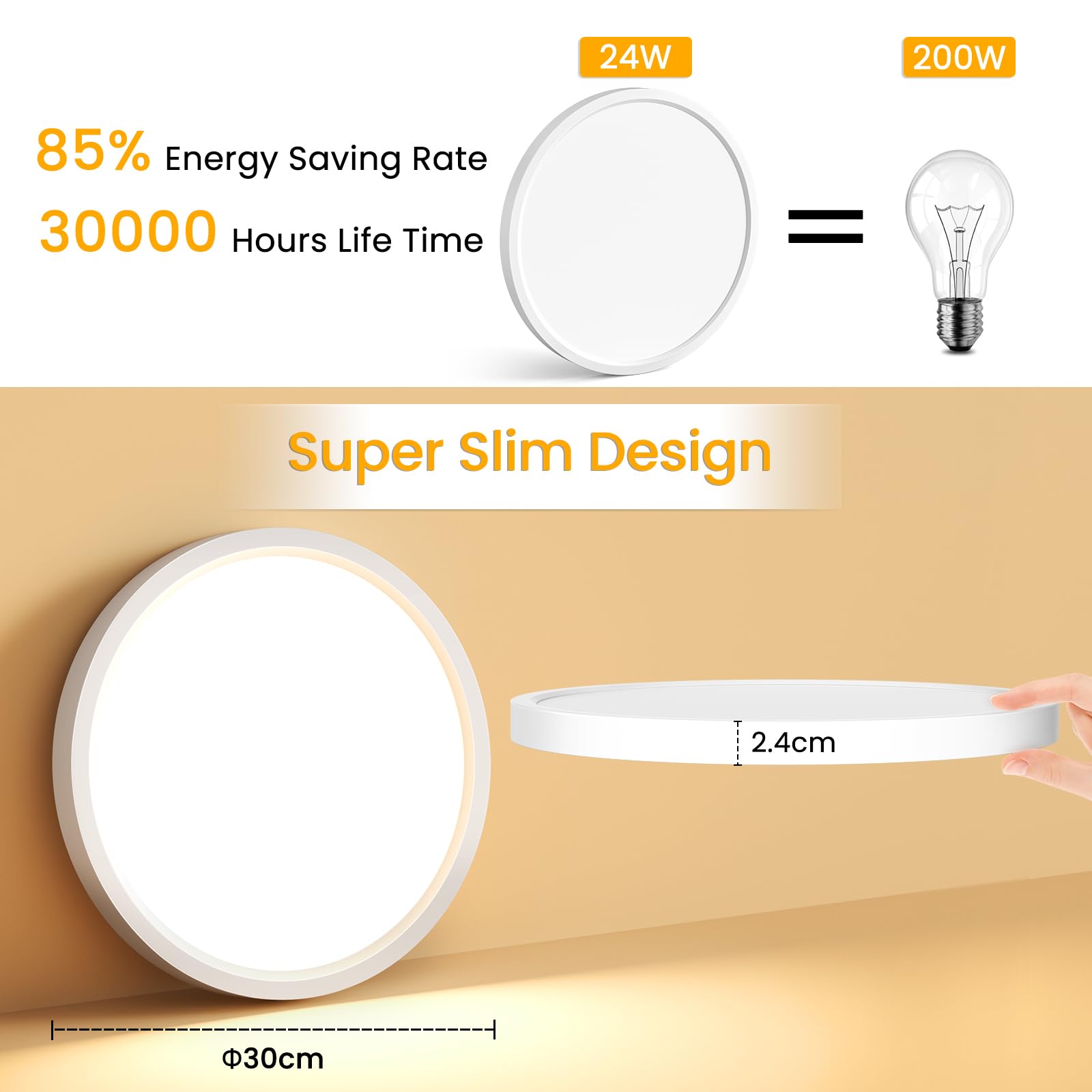 NIBSHOOM Plafoniera LED Soffitto, Lampadario Soffitto 24W, 2400LM 3000K Lampada Luce Moderna per Camera da Letto, Bagno, Cucina, Soggiorno, Ufficio, Balcone, Bianco Naturale, Ø30cm