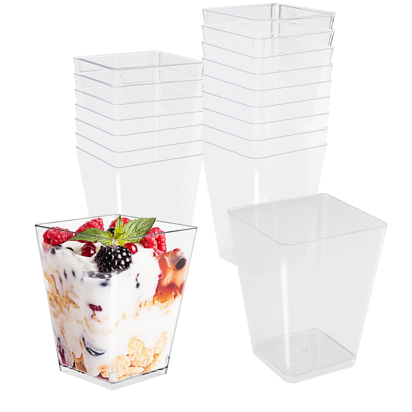 Plastikowe szklanki deserowe, 150 ml, 50 sztuk, prostokątne, wielokrotnego użytku, do lodów, puddingu, musu, na imprezę, piknik