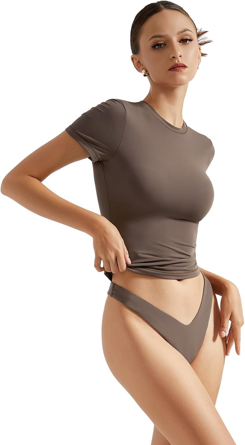 SUUKSESS Women Double Lined Fitted Basic Tee Crew Neck Short Sleeve Y2K Crop Top - Image 2