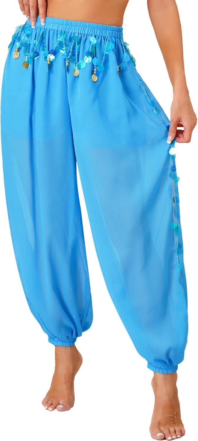 Pantalones de disfraz de danza del vientre para mujer, con lentejuelas divididas laterales, pantalones de yoga harén brillante, pantalones árabes de Halloween