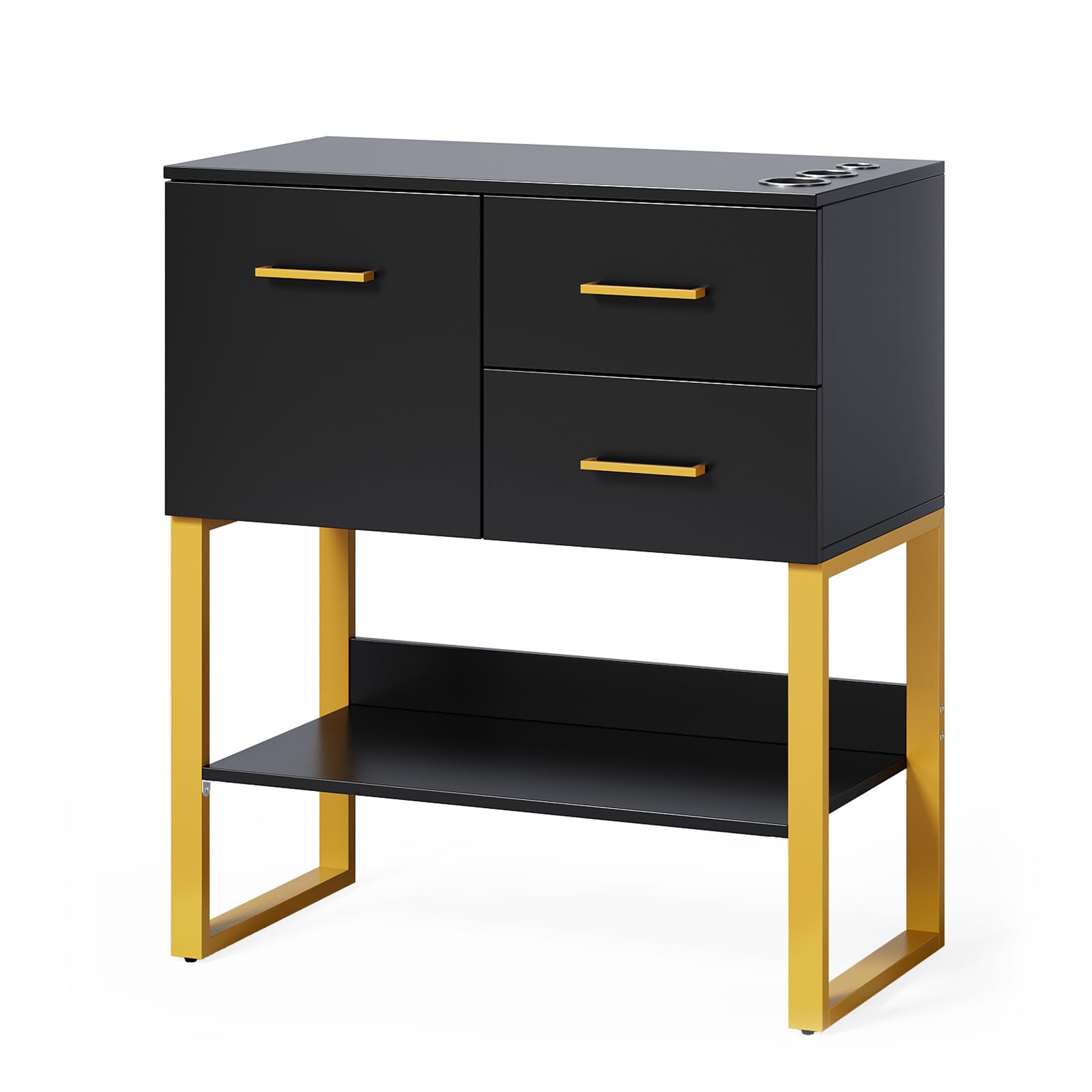 OmySalon Beauty Barber Station, Modern Salon Storage Cabinet with 2 Drawers & Hair Dryer Holders, Black Metal Styling Station