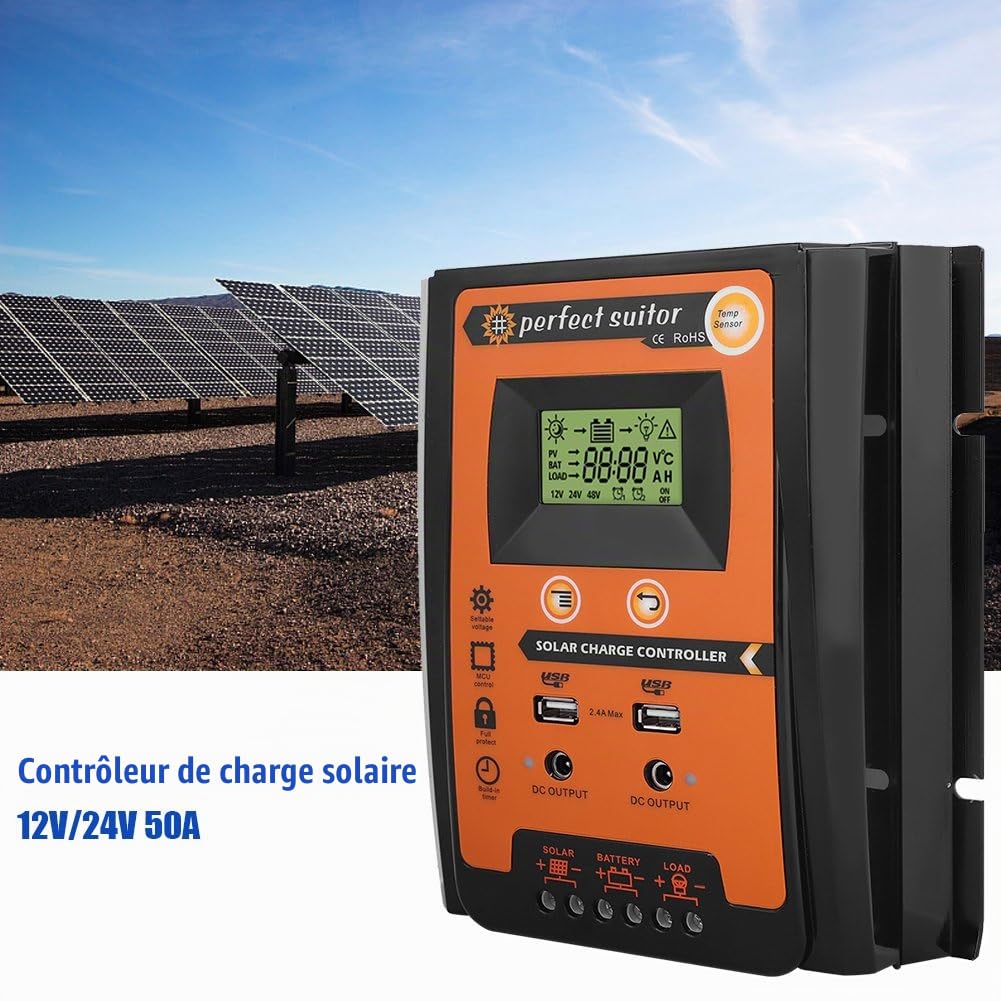 KIMISS 12V / 24V 30A50A MPPT Régulateur de Charge Solaire Panneau Solaire Régulateur de Batterie Double USB LCD Affichage(50A)