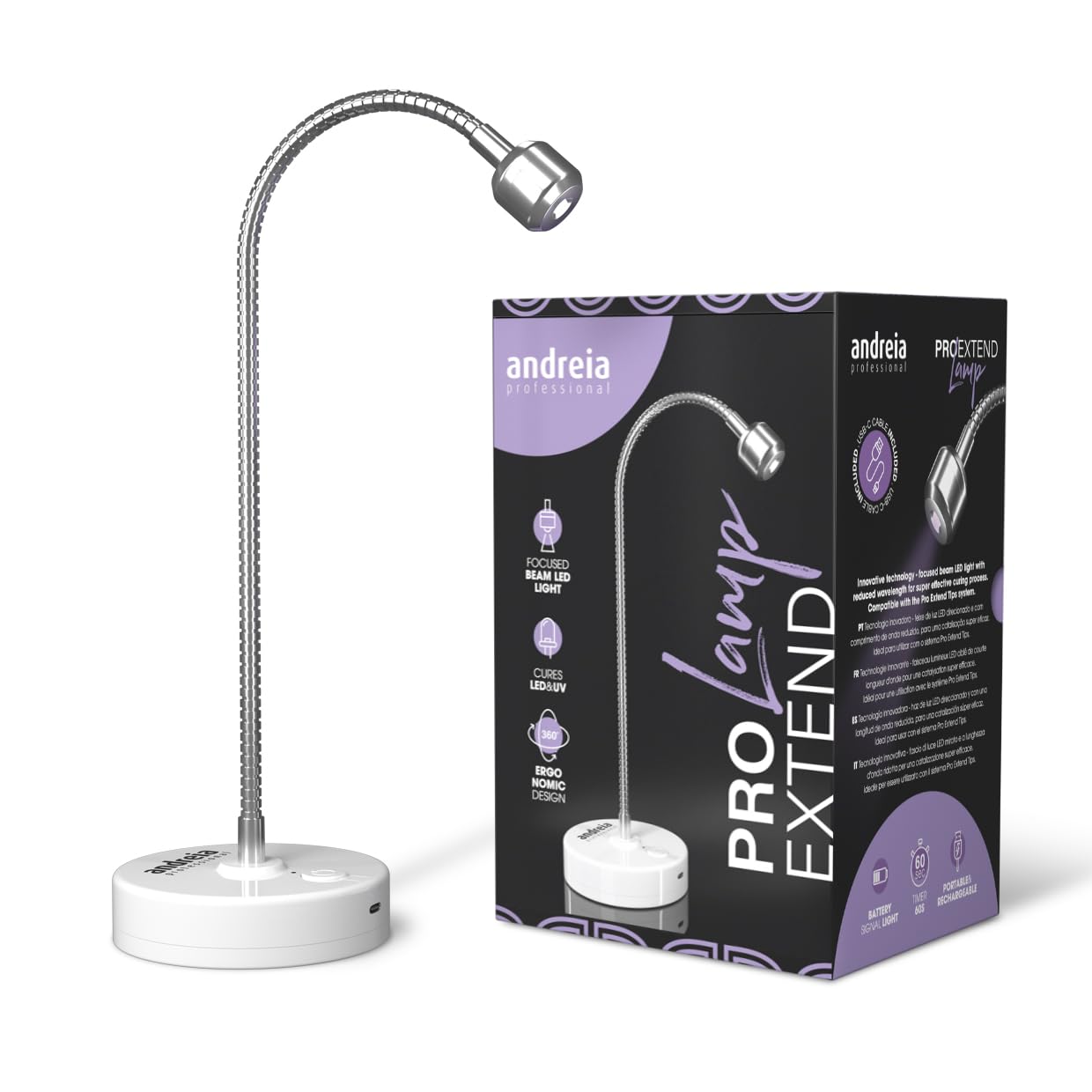 Andreia Lámpara profesional PRO EXTEND para manicura de uñas con movimiento de 360º - Compatible con puntas de uñas postizas PRO EXTEND - Cura LED y UV - 3 W